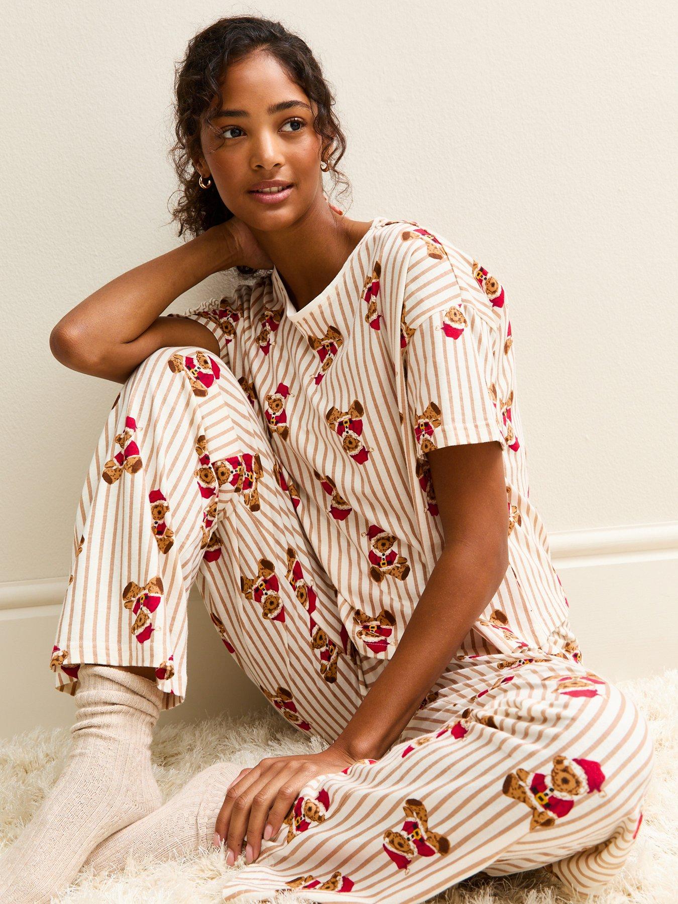  image of new-look-white-christmas-teddy-bear-print-striped-pyjama-set