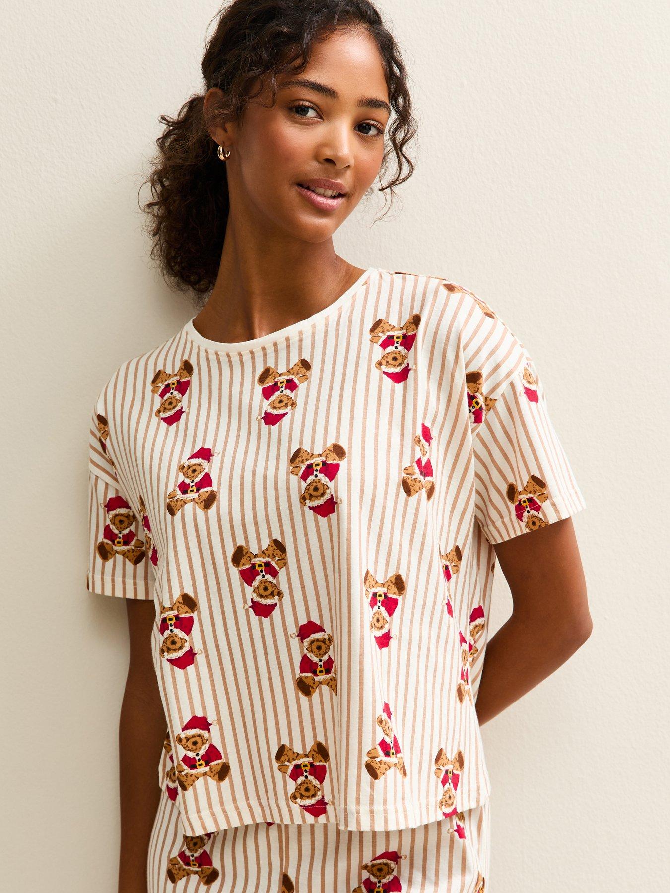  image of new-look-white-christmas-teddy-bear-print-striped-pyjama-set