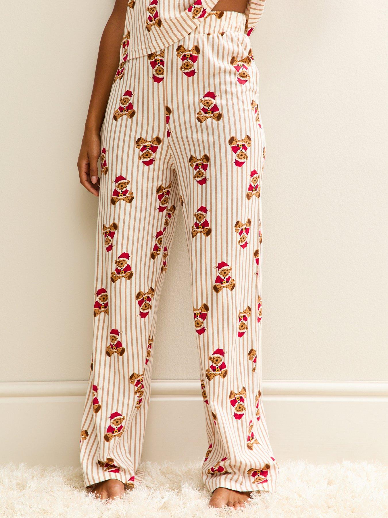  image of new-look-white-christmas-teddy-bear-print-striped-pyjama-set