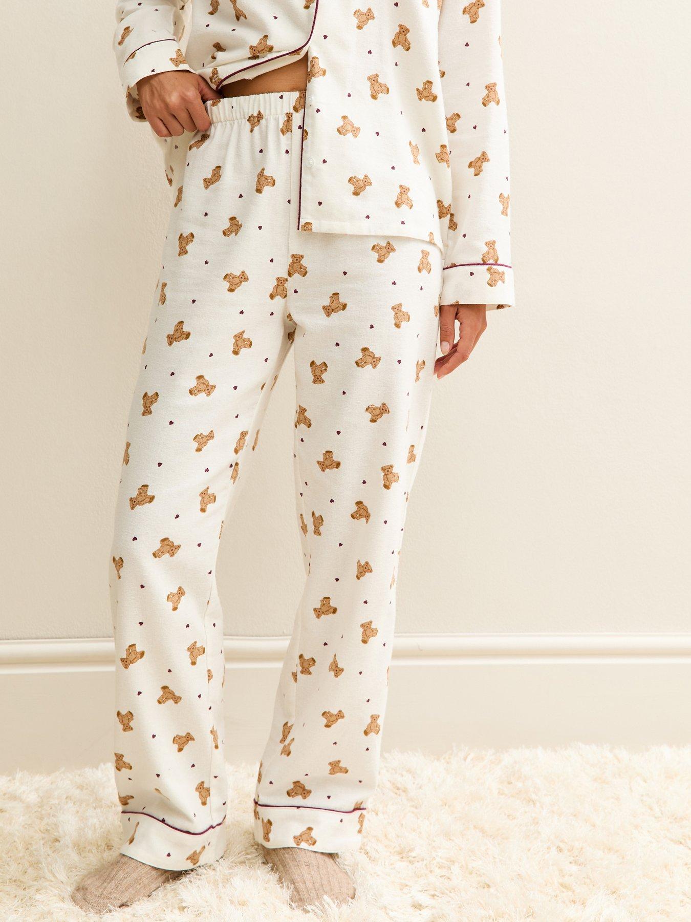  image of new-look-cream-teddy-long-sleeve-shirt-and-trousers-pyjama-set