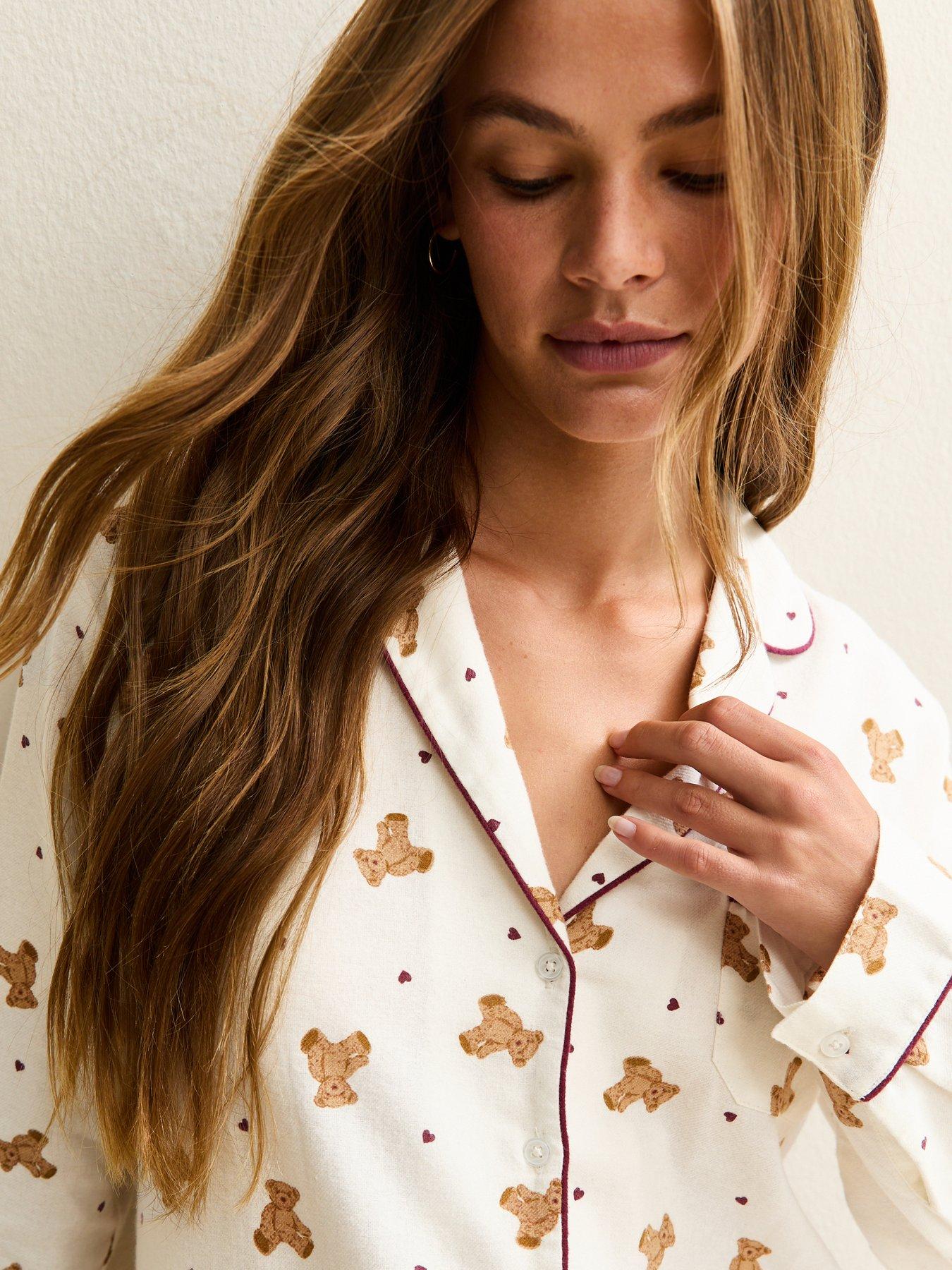  image of new-look-cream-teddy-long-sleeve-shirt-and-trousers-pyjama-set