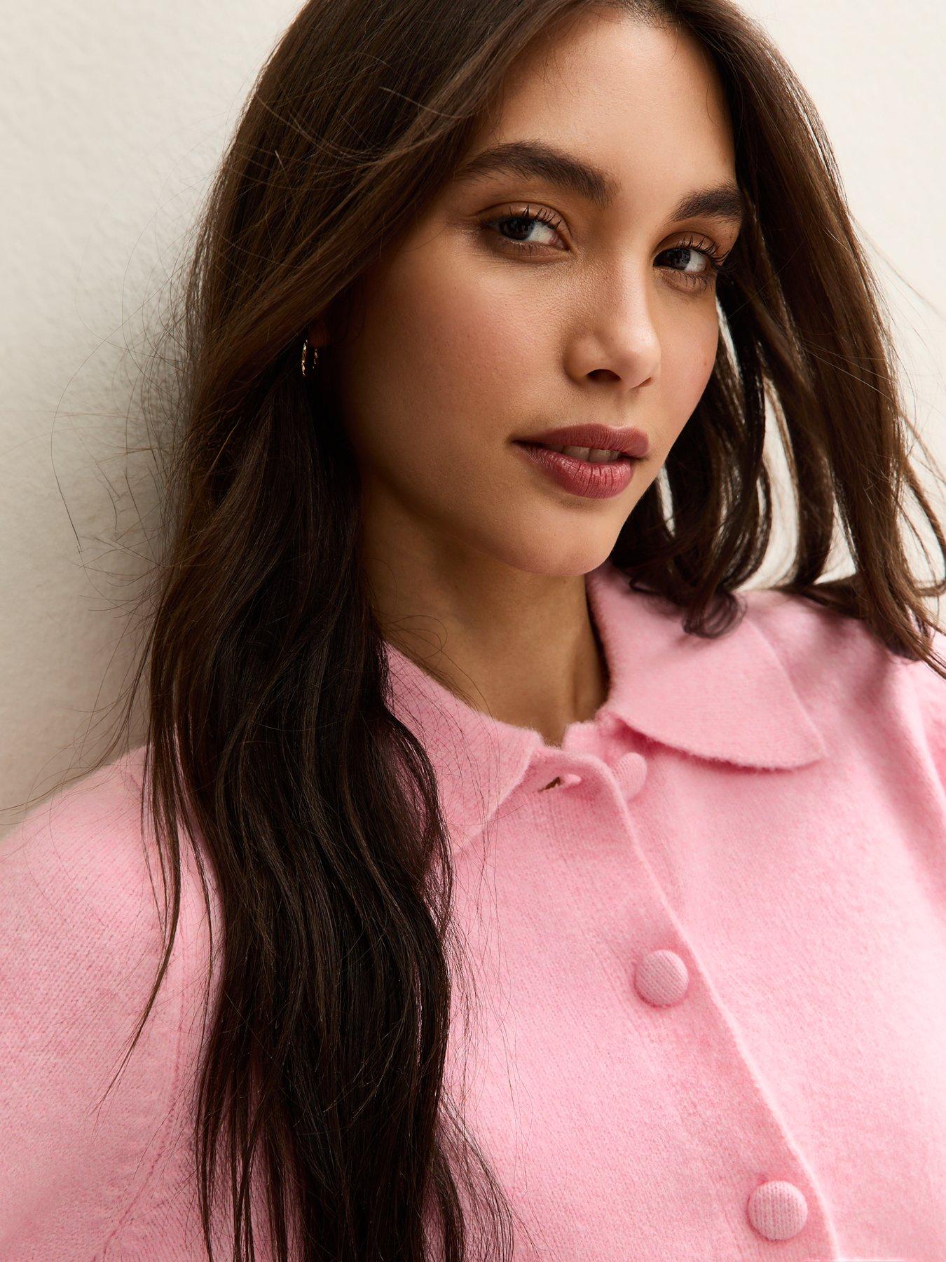 Image 4 of 5 of New Look Pink Midweight Knit Collared Cardigan