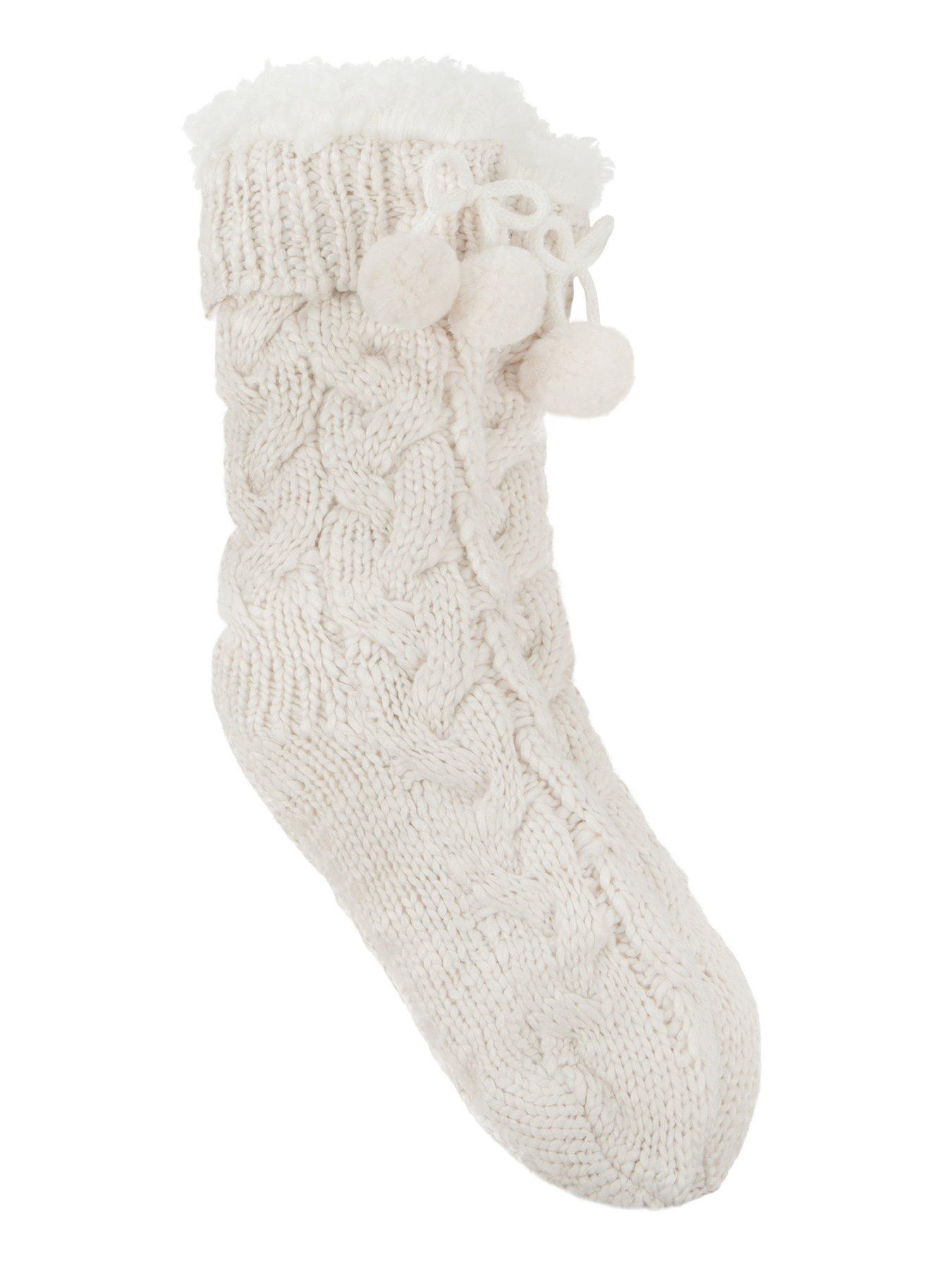 undefined Toasties Ladies Luxury Chunky Knit Slipper-sox With Tassel Trim - Cream