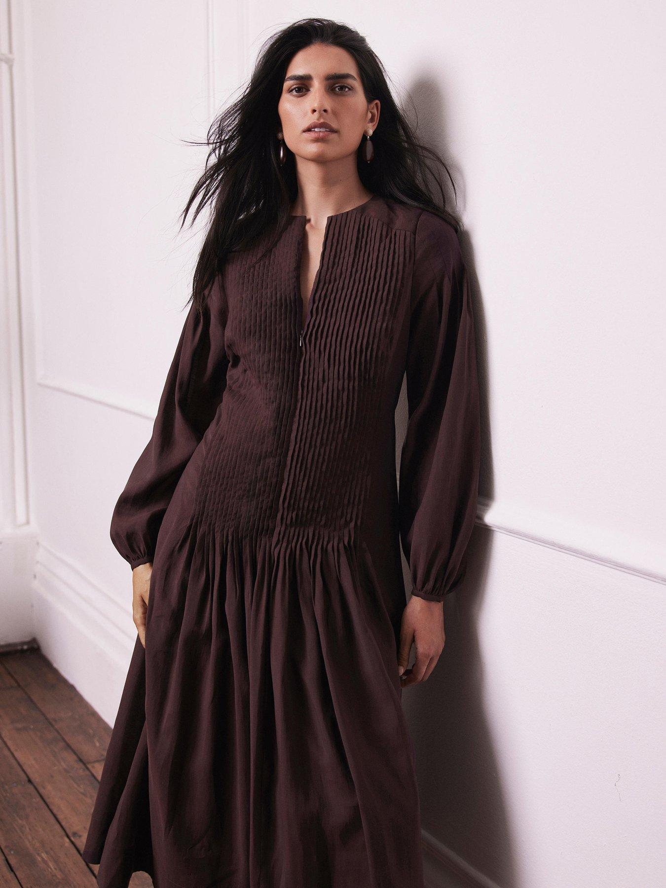 Image 2 of 6 of Mint Velvet Burgundy Pintuck Long Dress