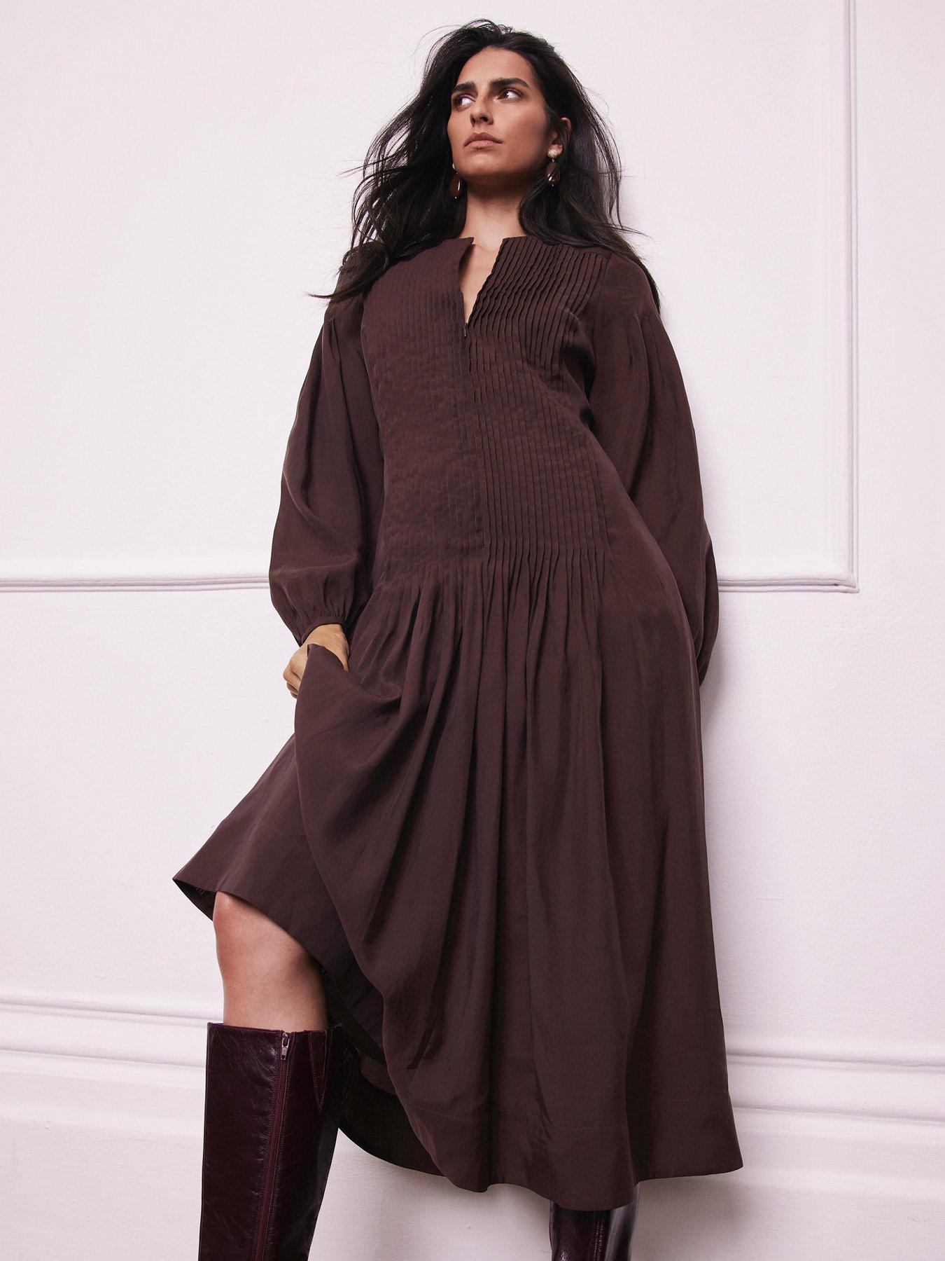 Image 3 of 6 of Mint Velvet Burgundy Pintuck Long Dress