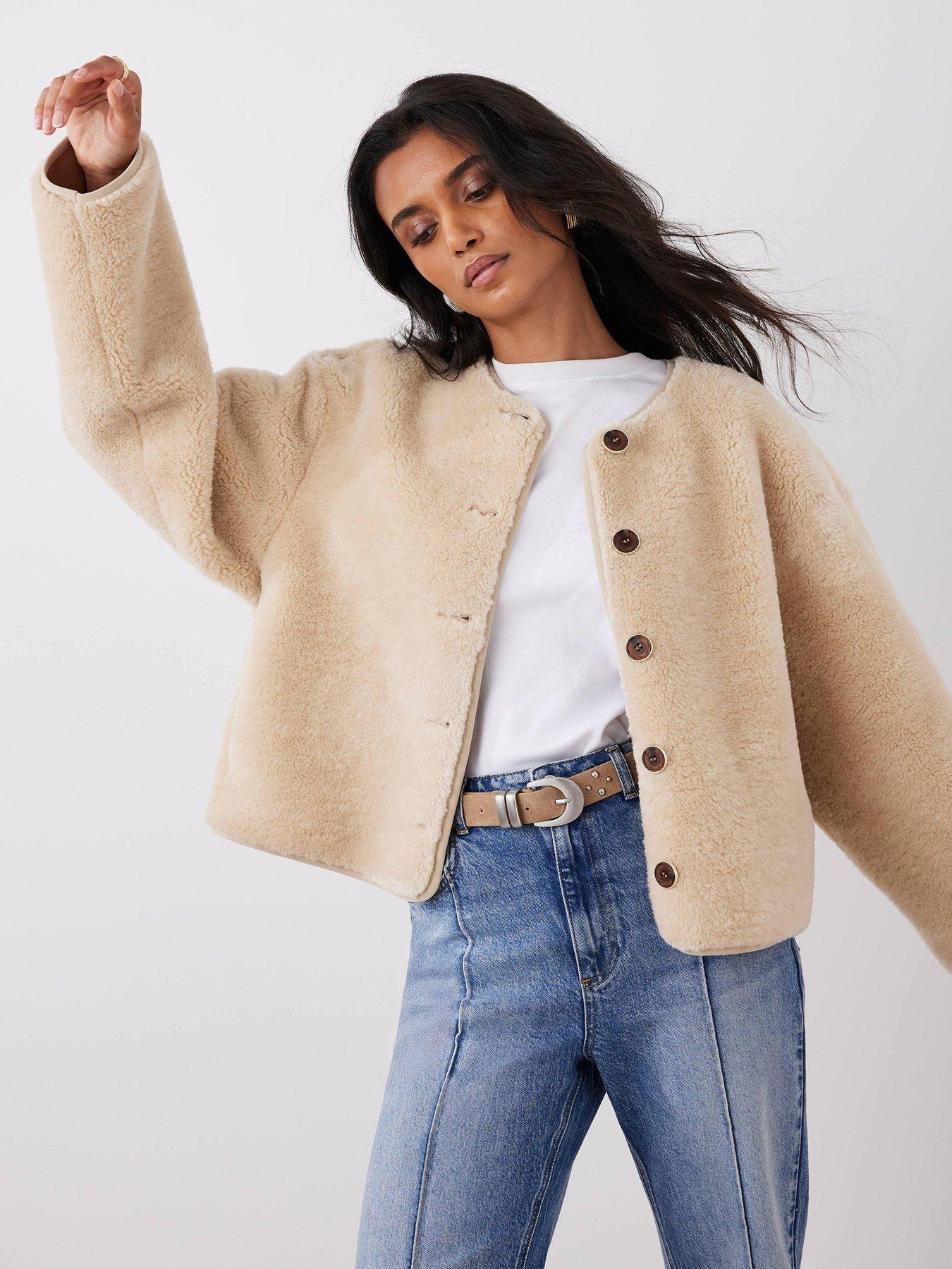 Mint Velvet Tan Borg Faux Suede Jacket - White
