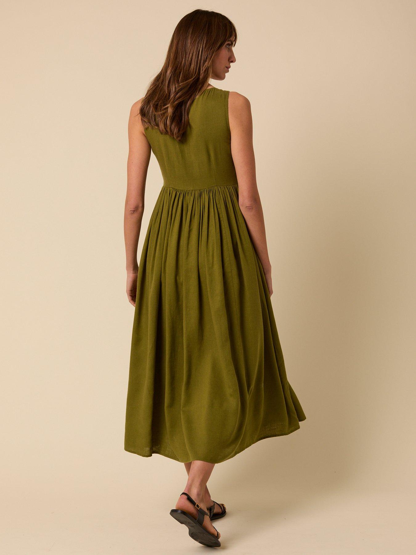 Image 2 of 5 of Nobodys Child Linen-Blend Drop Waist Cora Midi Dress - Green