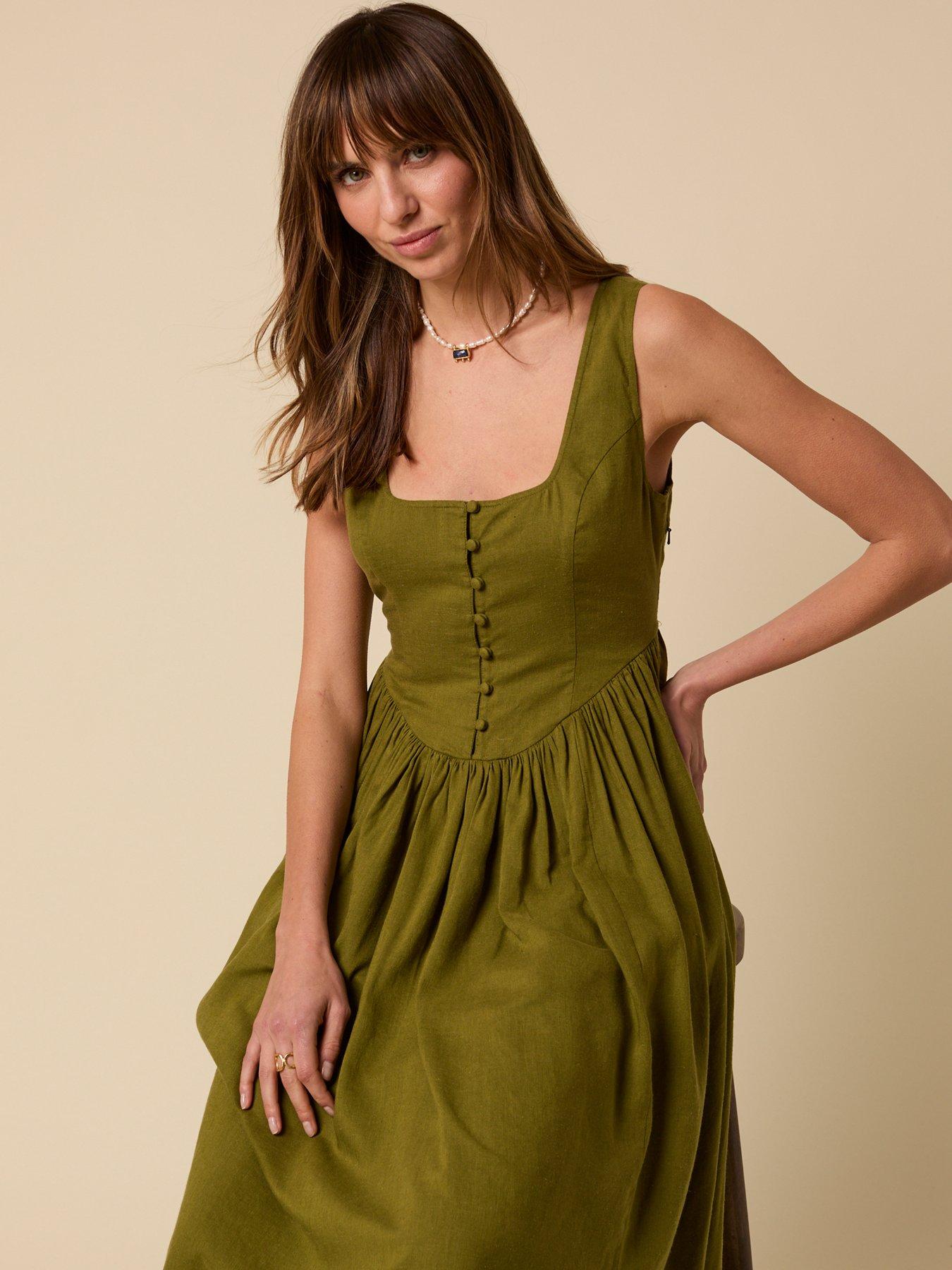 Image 3 of 5 of Nobodys Child Linen-Blend Drop Waist Cora Midi Dress - Green