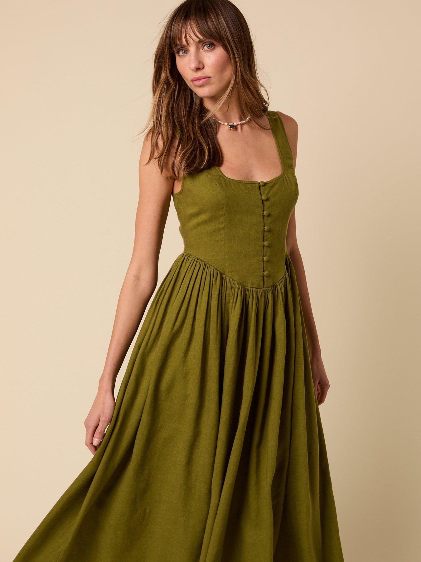 Image 5 of 5 of Nobodys Child Linen-Blend Drop Waist Cora Midi Dress - Green