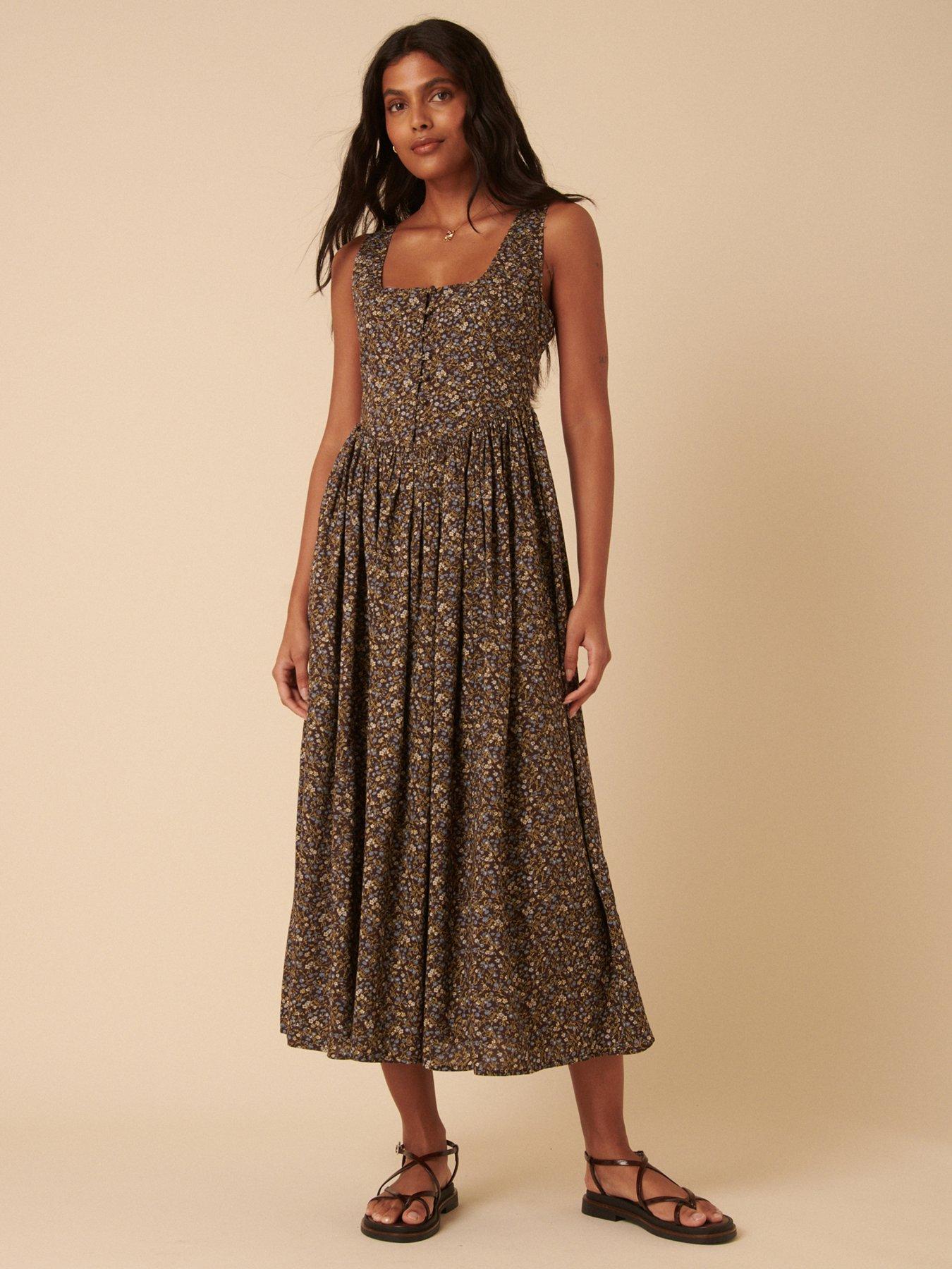 Image 1 of 5 of Nobodys Child Ditsy Floral Drop Waist Cora Midi Dress - Brown