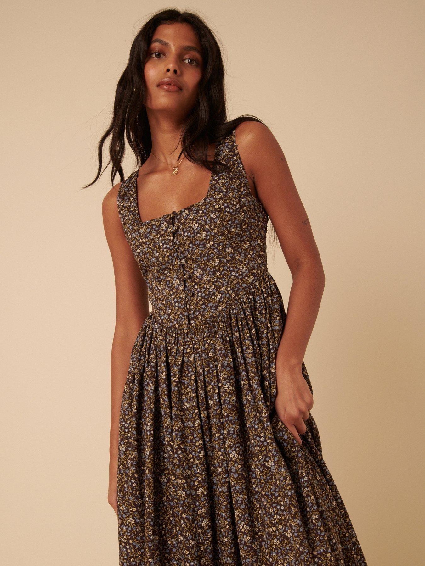 Image 3 of 5 of Nobodys Child Ditsy Floral Drop Waist Cora Midi Dress - Brown