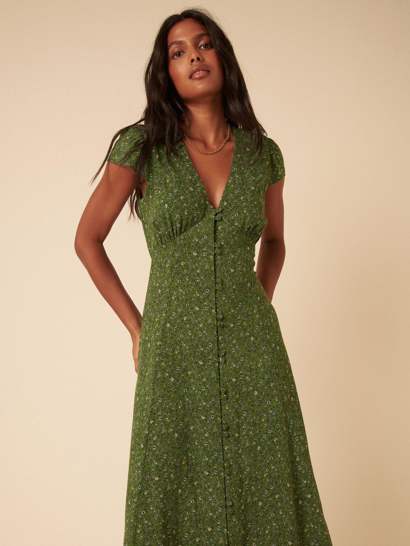 ladies green dress Women Maxi Dress Long Sleeves Dark Green V Neck Long Dress