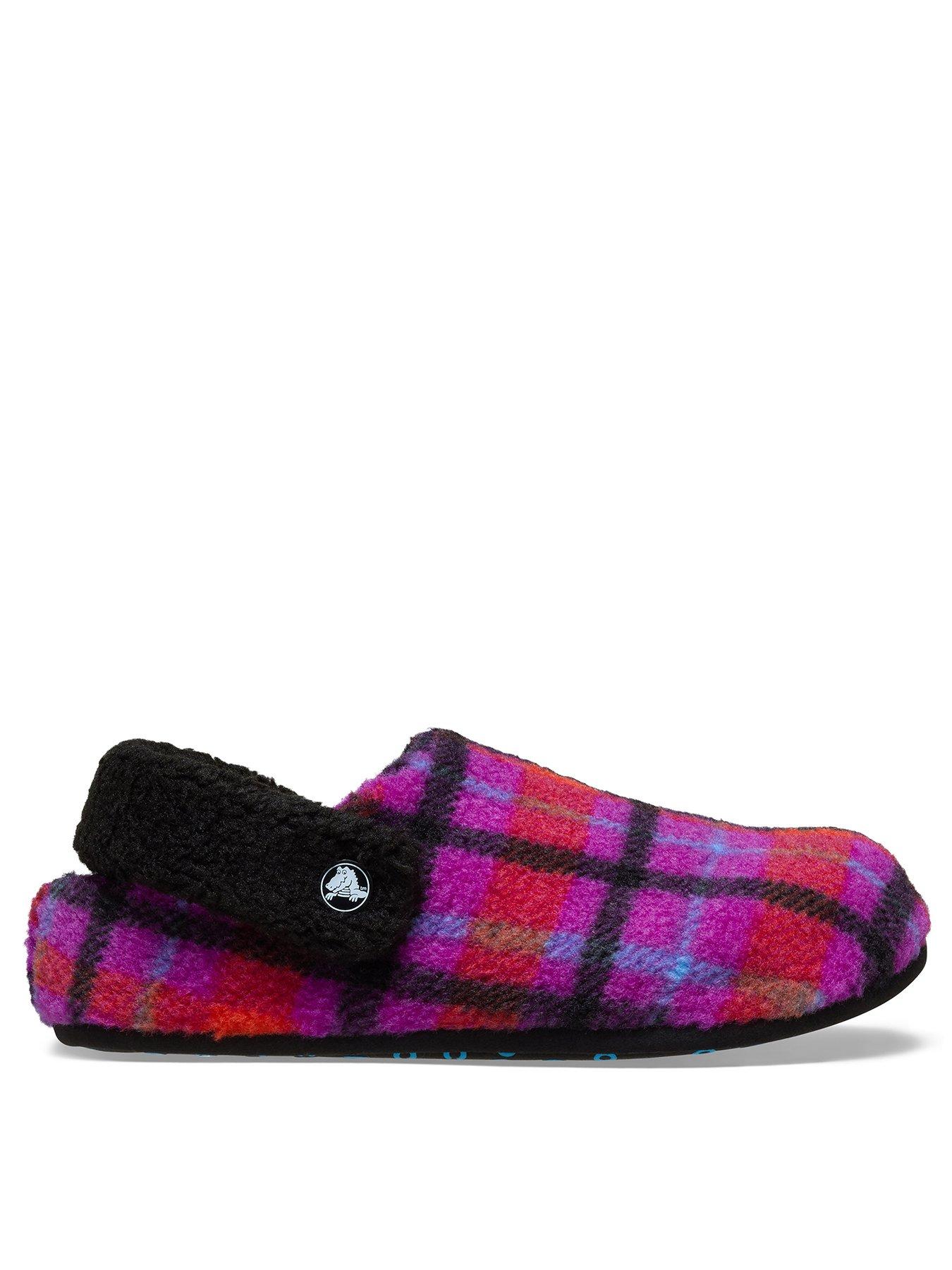 front image of crocs-classic-cozzzy-plaid-slippers-grapeberry-purple