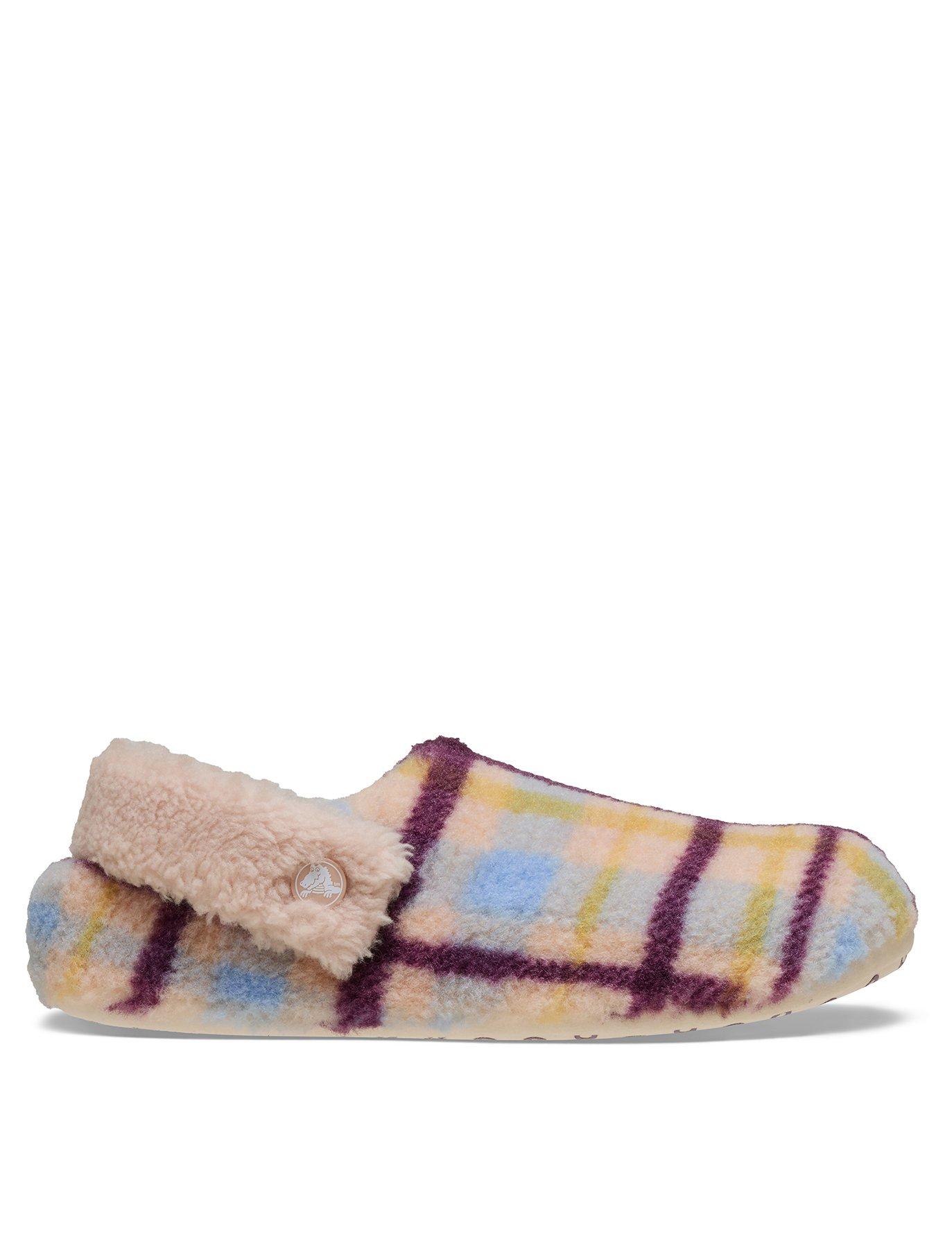 front image of crocs-classic-cozzzy-plaid-slippers-pink