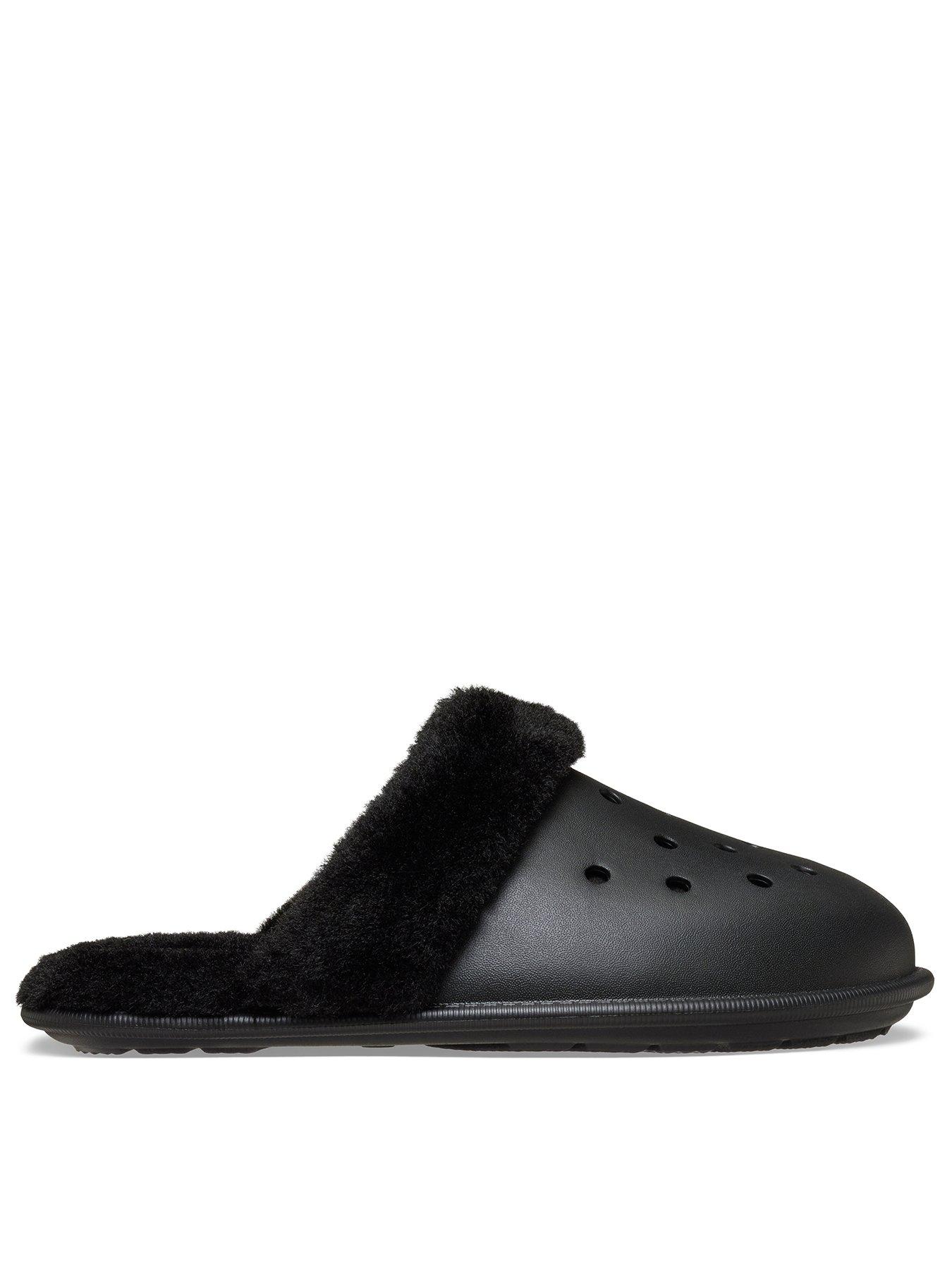 front image of crocs-classic-fuzz-scuff-black