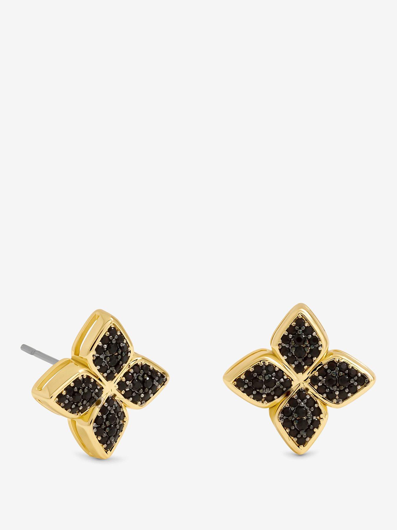 Jon Richard 14K Gold Plated and Jet Druzy Stone Clover Earrings