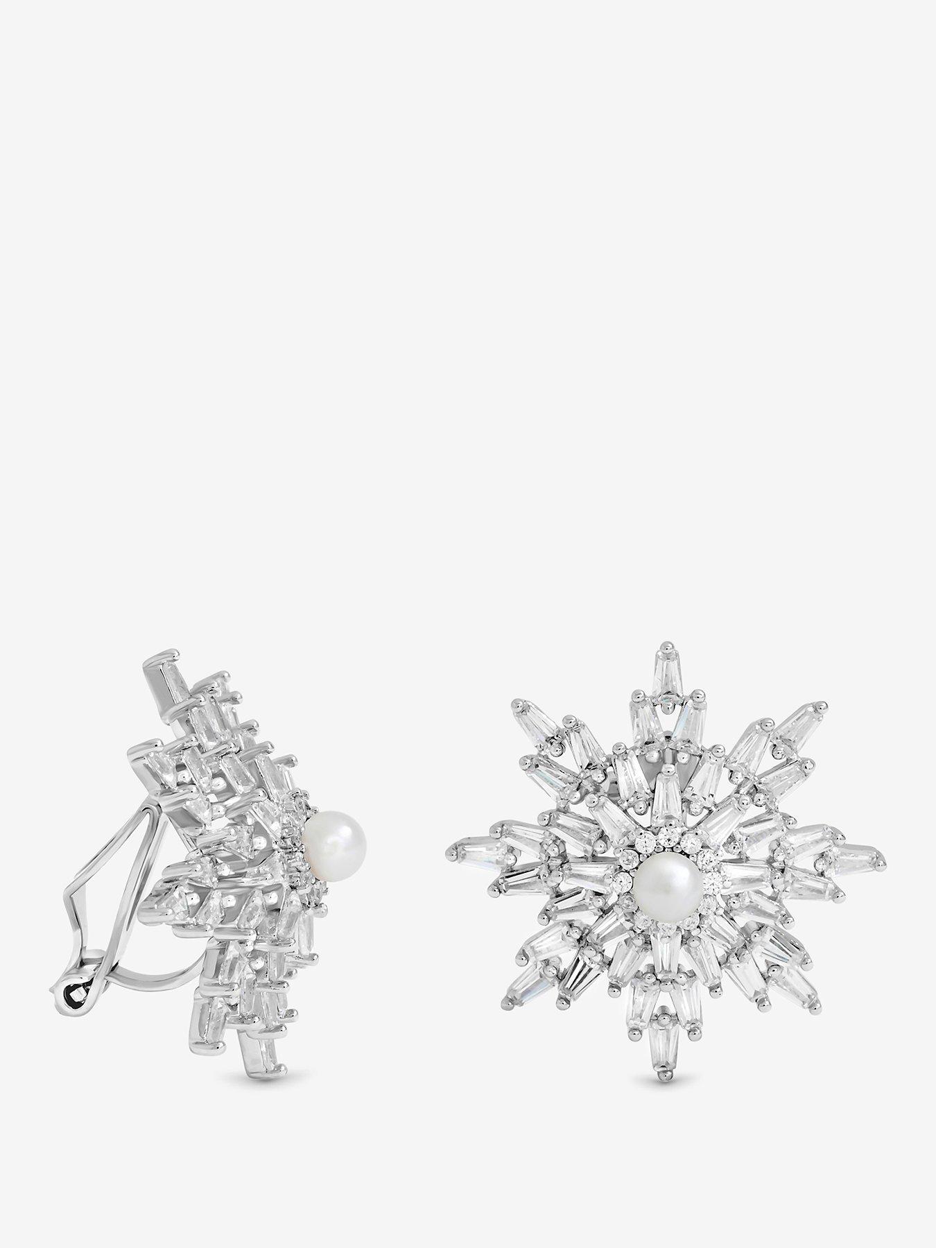 undefined Rhodium Plated Crystal and Pearl Star Clip Earrings