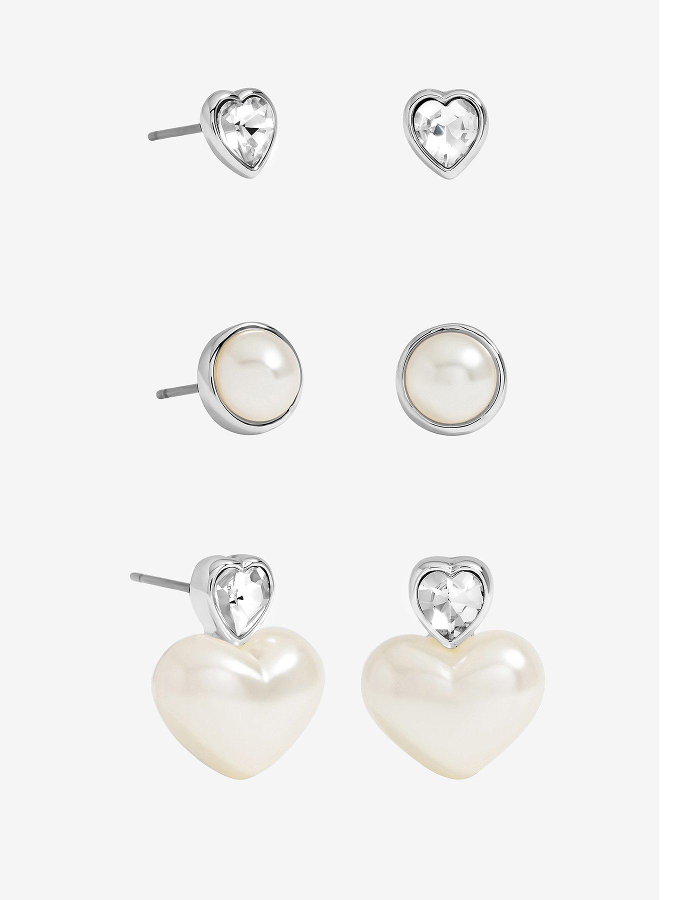  image of mood-silver-crystal-amp-pearl-heart-earrings-pack-of-3-silver