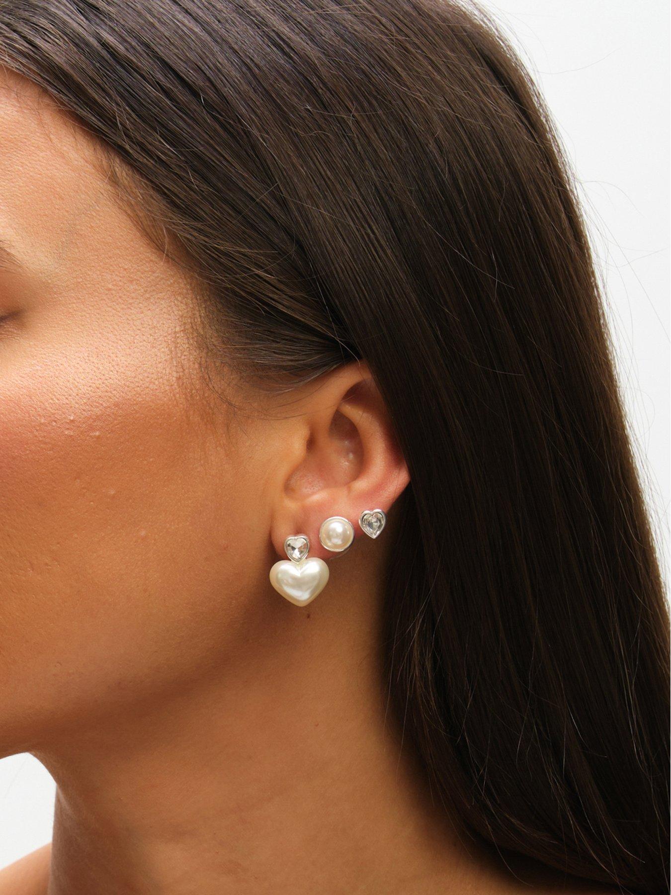  image of mood-silver-crystal-amp-pearl-heart-earrings-pack-of-3-silver