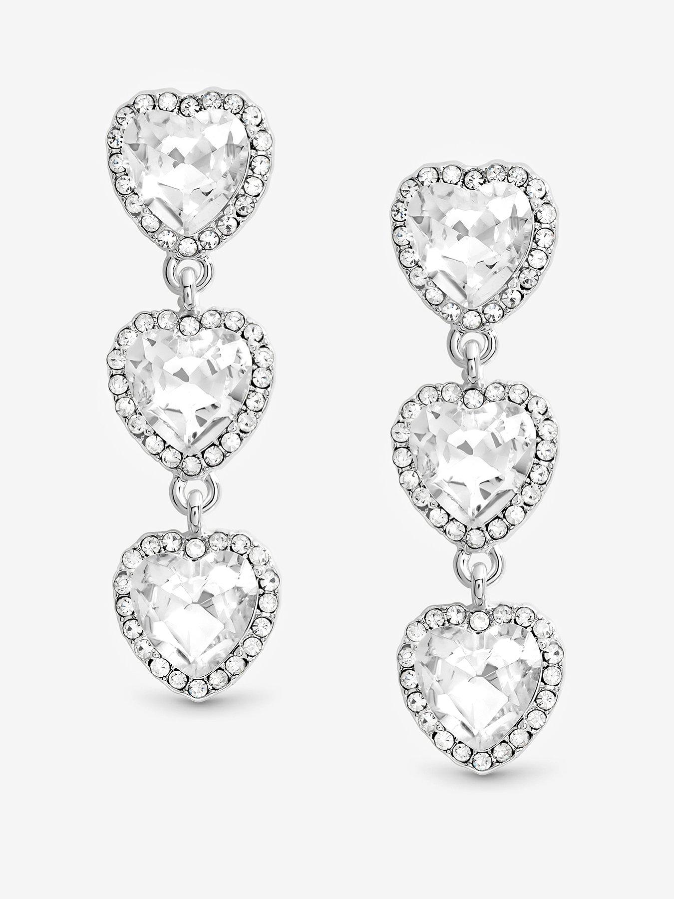 undefined SILVER CRYSTAL HEART TRIPLE DROP STATEMENT EARRINGS