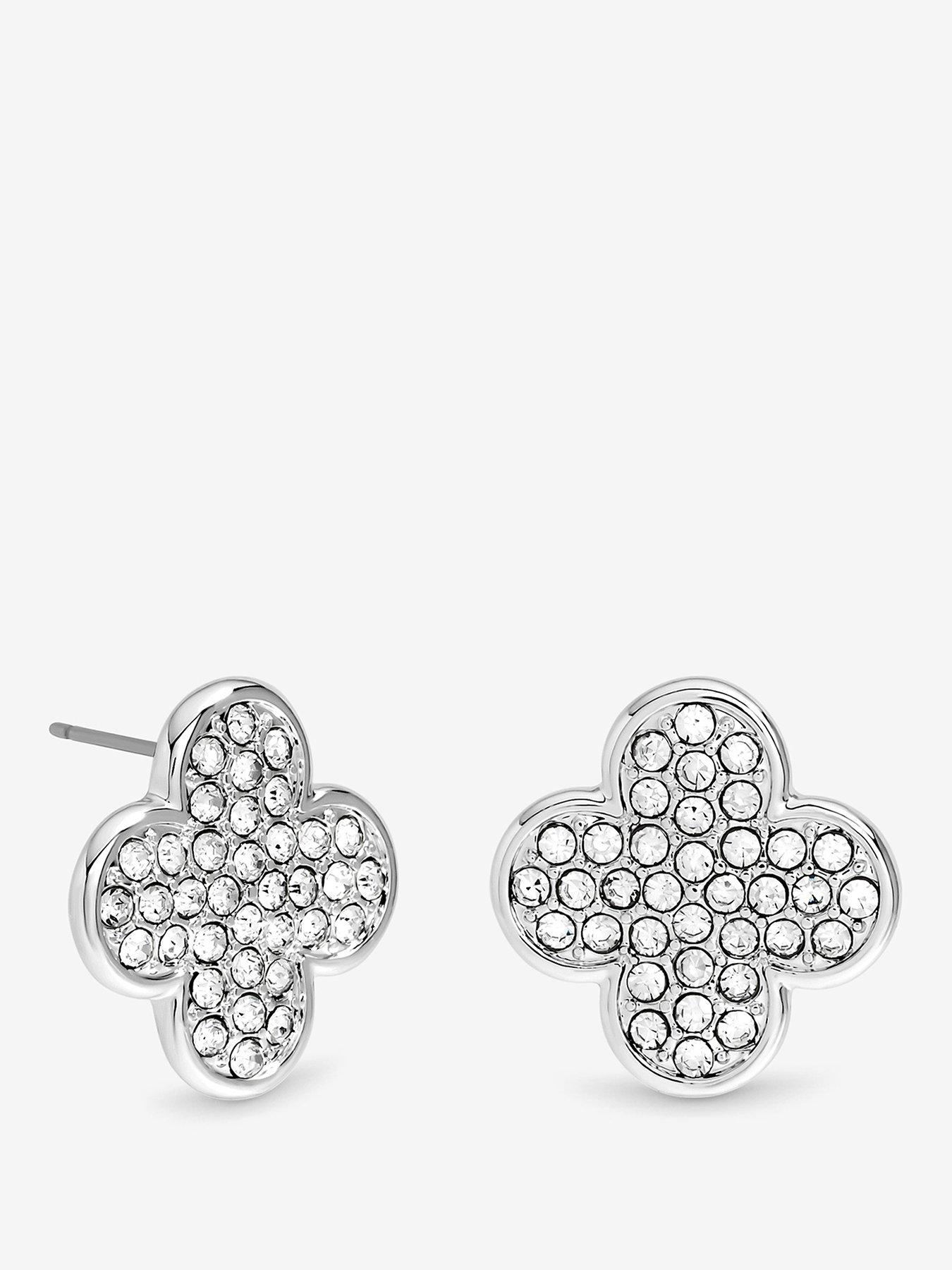 undefined SILVER PAVE CRYSTAL STATEMENT CLOVER STUD EARRINGS
