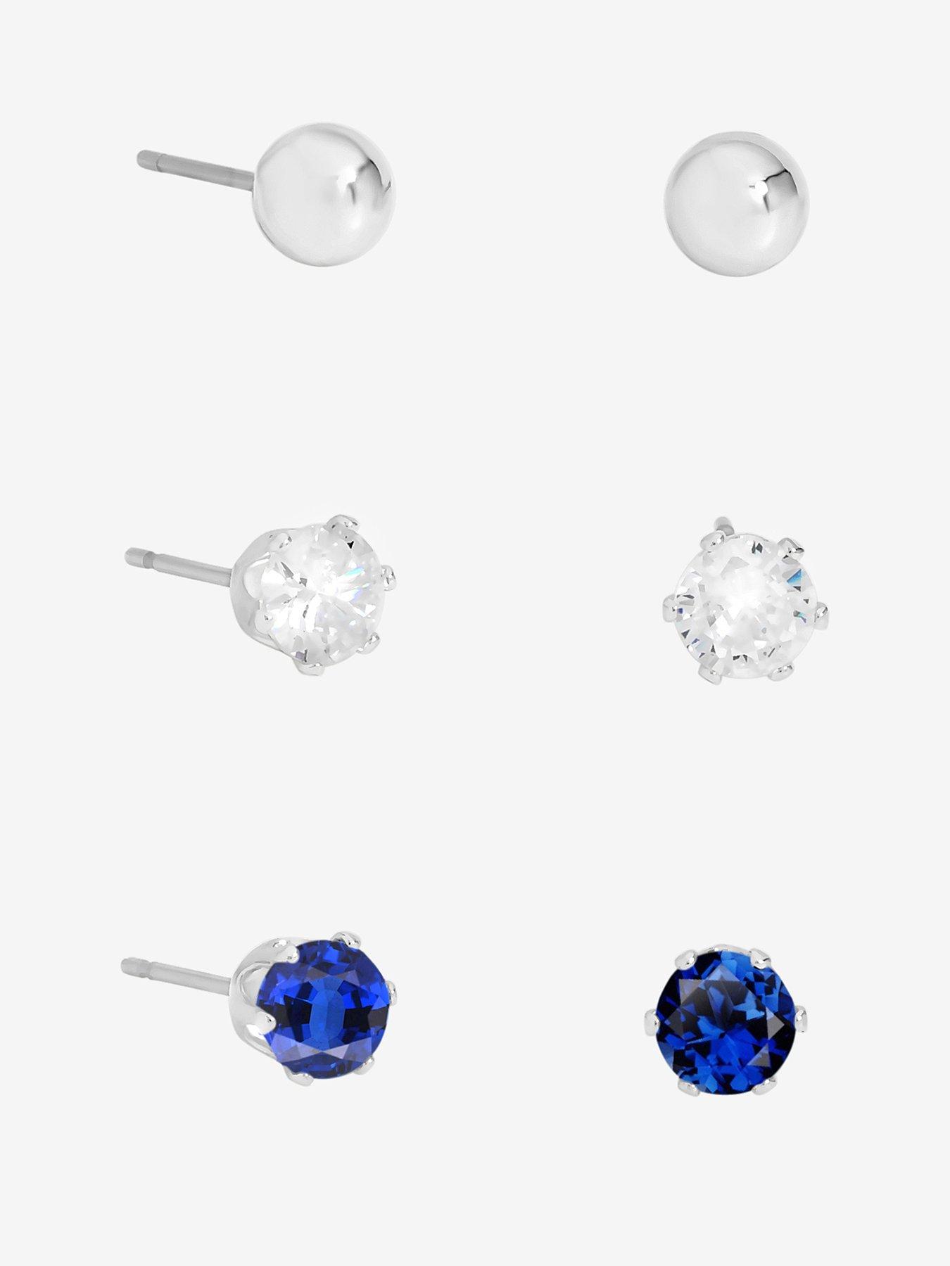 Mood Silver Polished, Crystal  &  Blue Stud Earrings - Pack Of 3