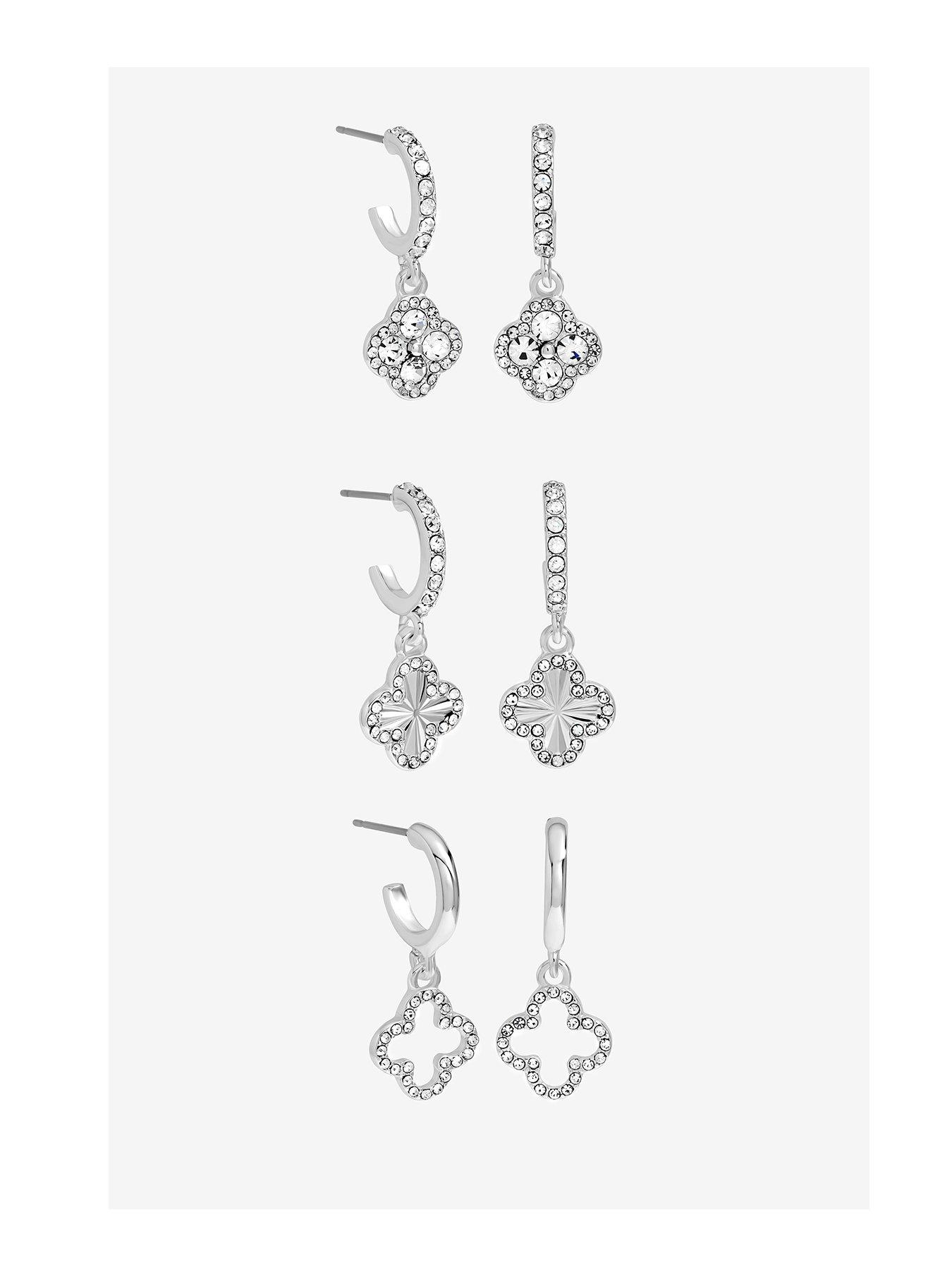 undefined MOOD SILVER CRYSTAL & PAVE CLOVER HUGGIE EARRINGS - PACK OF 3