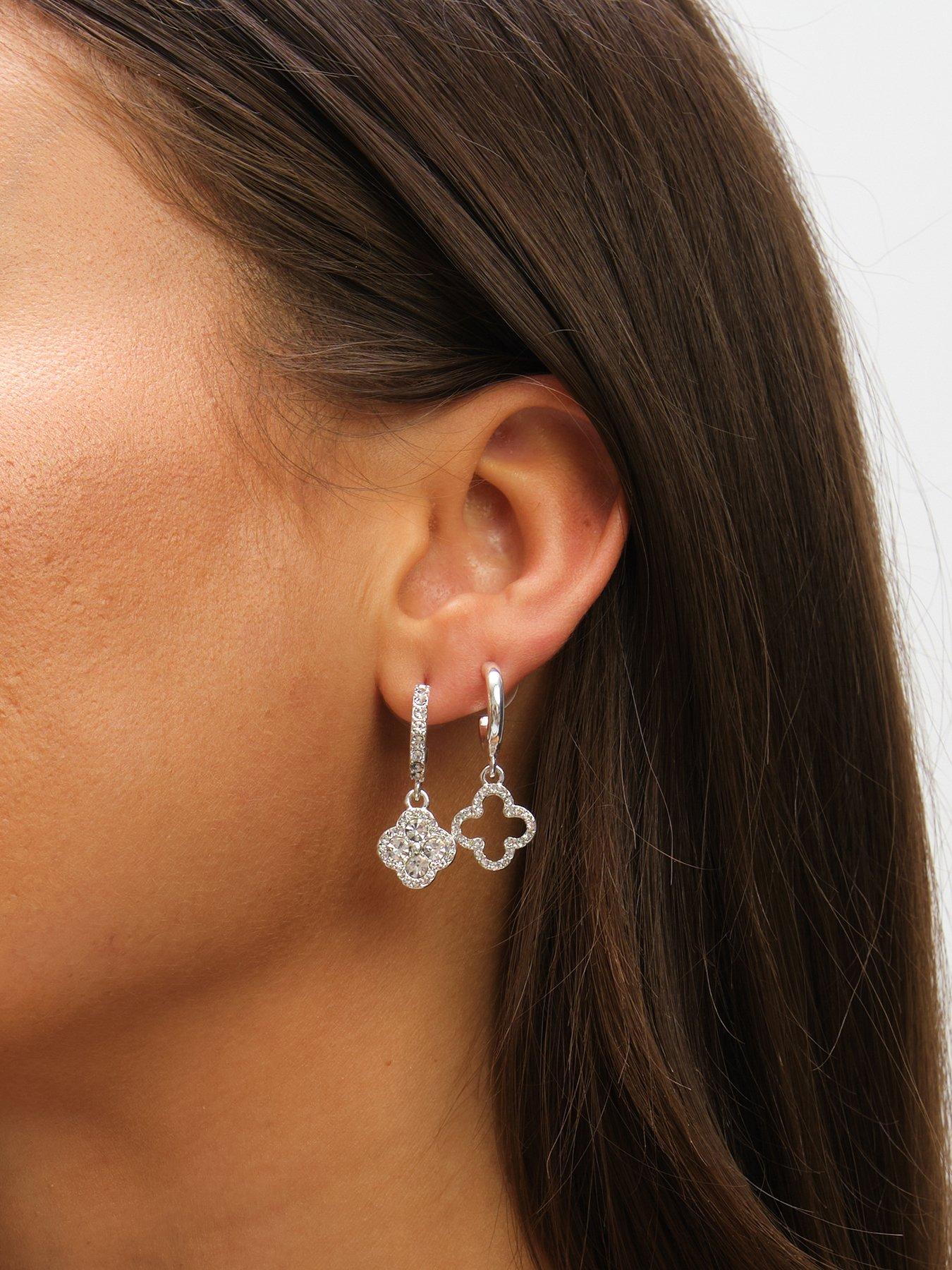 Image 2 of 3 of Mood Silver Crystal &amp; Pave Clover Huggie Earrings - Pack of 3&nbsp;
