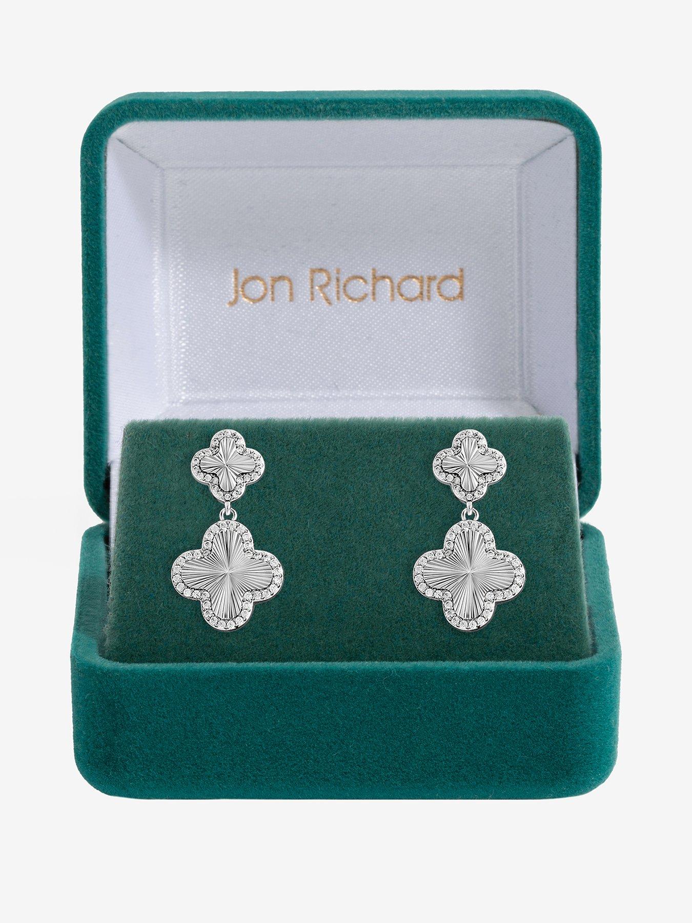 Jon Richard Rhodium Plated and Diamond Clover Double Drop Earrings - Gift Box