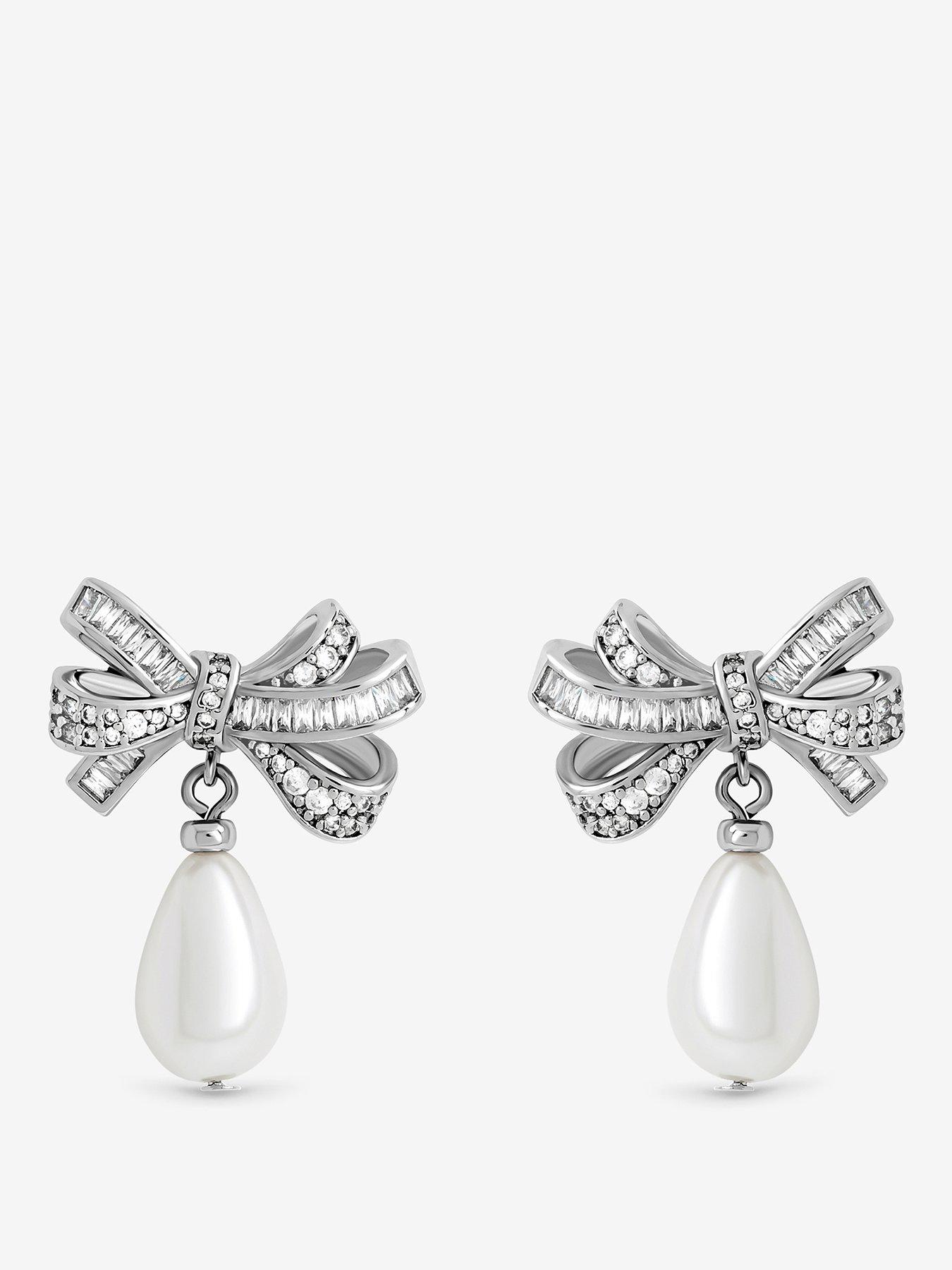 Image 1 of 4 of Jon Richard Rhodium Plated Cubic Zirconia Bow and Pearl Earrings