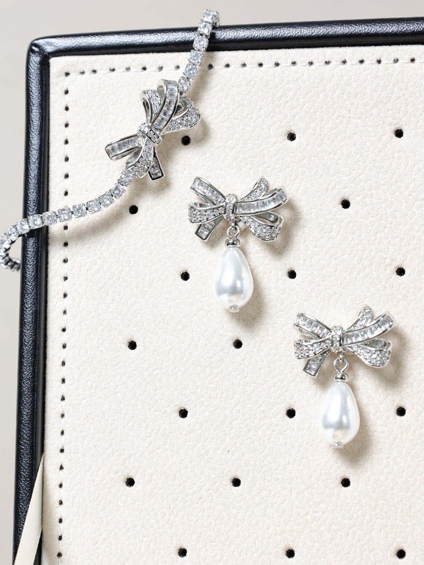 Image 4 of 4 of Jon Richard Rhodium Plated Cubic Zirconia Bow and Pearl Earrings