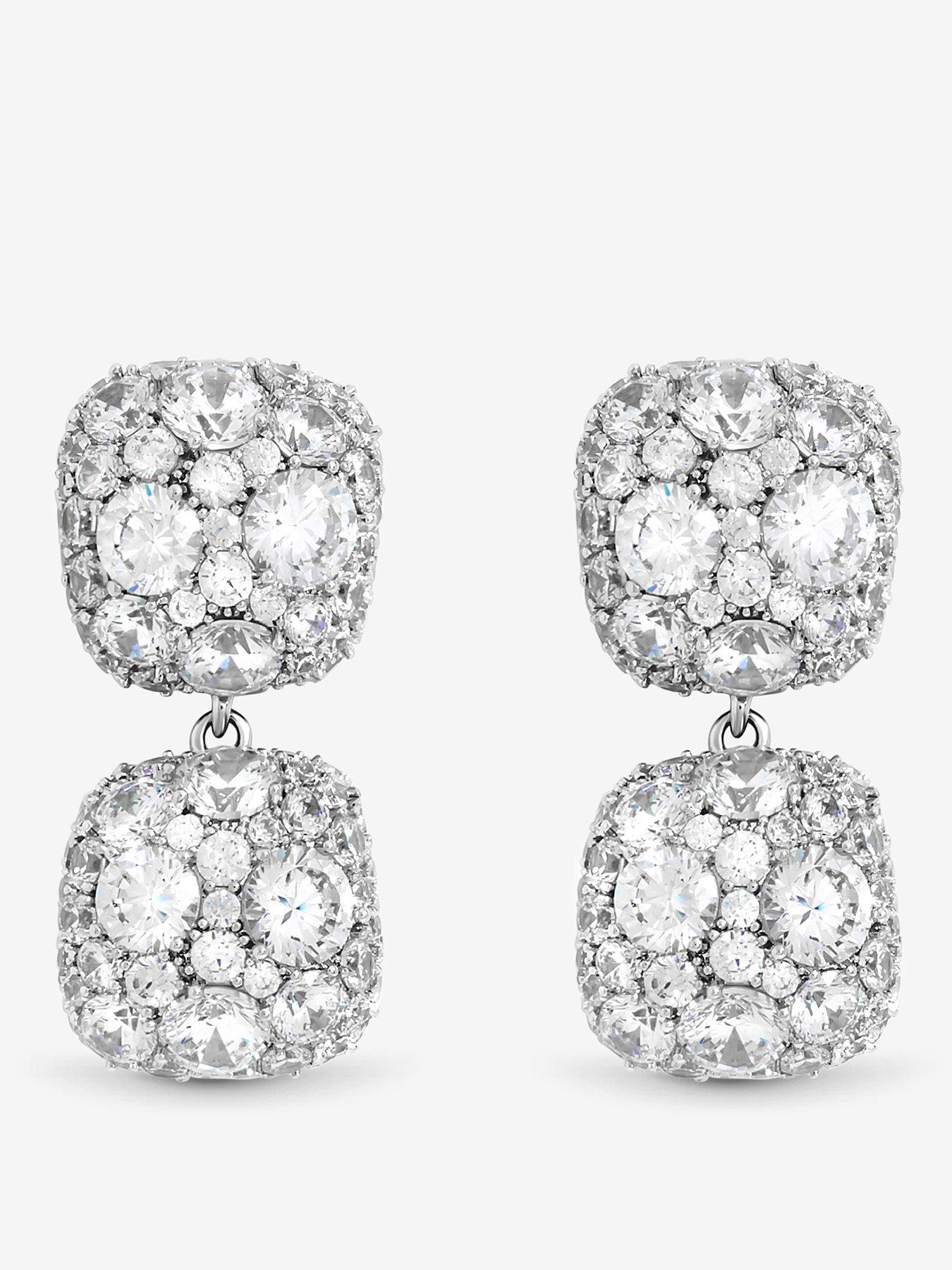 undefined Rhodium Plated Pave Square Double Drop Earrings
