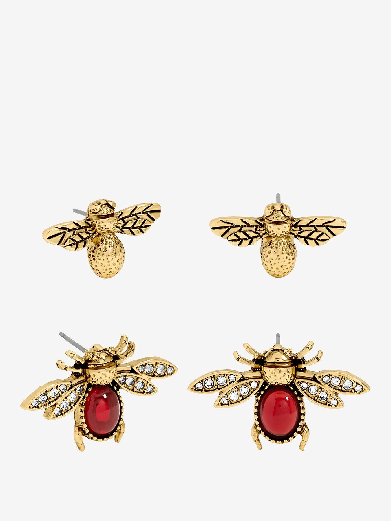 undefined MOOD ANTIQUE GOLD POLISHED & RED INSECT STUD EARRINGS - PACK OF 2