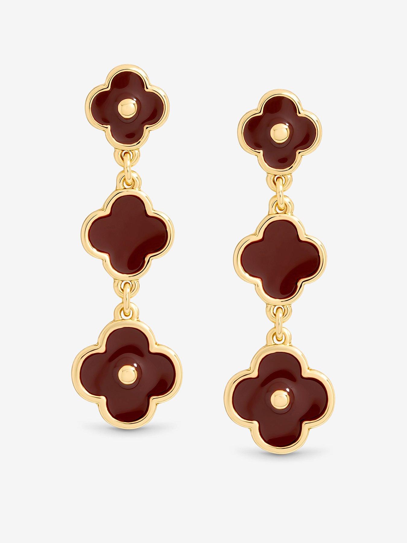 undefined GOLD & BURGUNDY CLOVER TRIPLE DROP EARRINGS