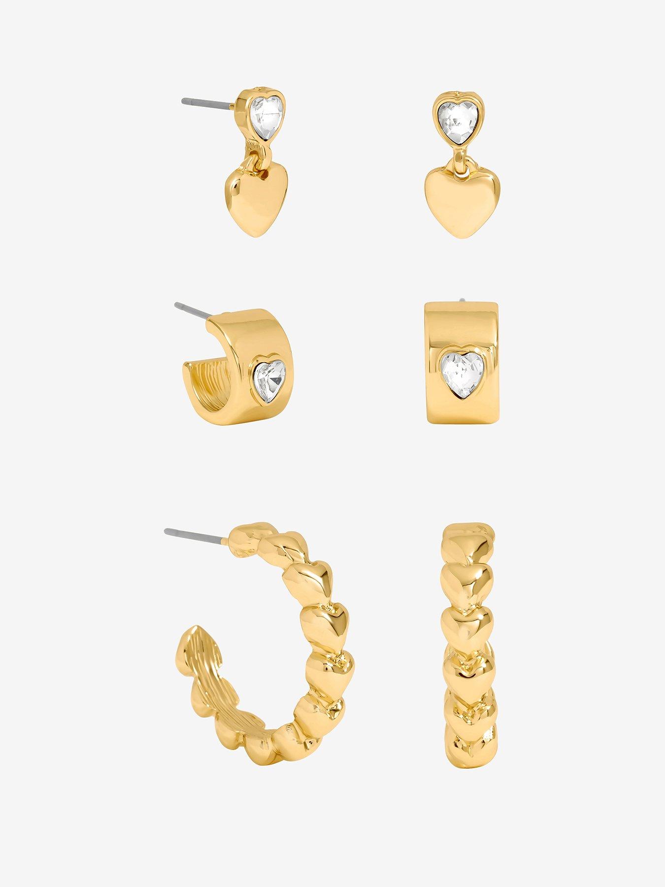 Image 1 of 3 of Mood Gold Polished &amp; Crystal Heart Earrings - Pack Of 3