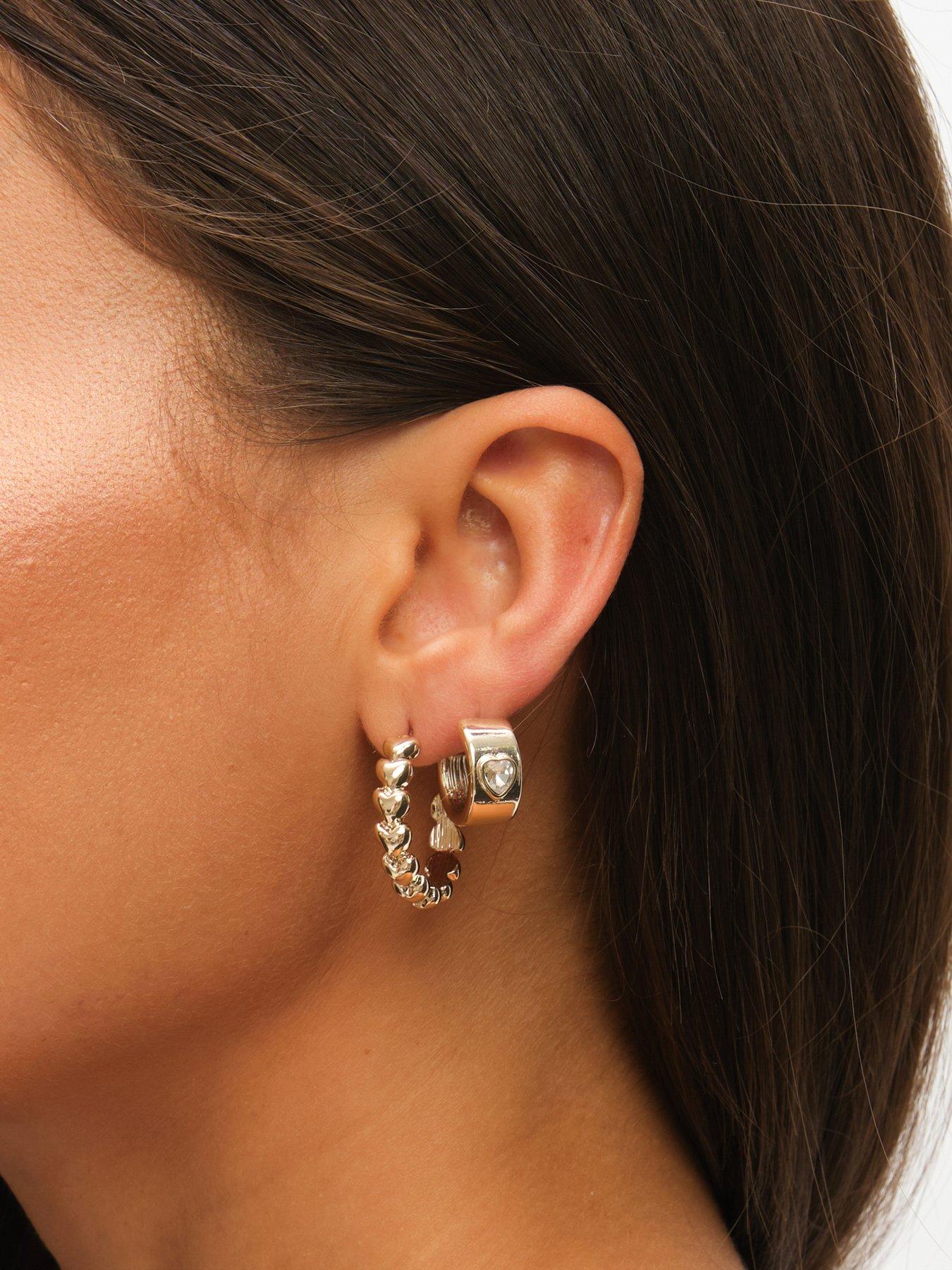 Image 2 of 3 of Mood Gold Polished &amp; Crystal Heart Earrings - Pack Of 3