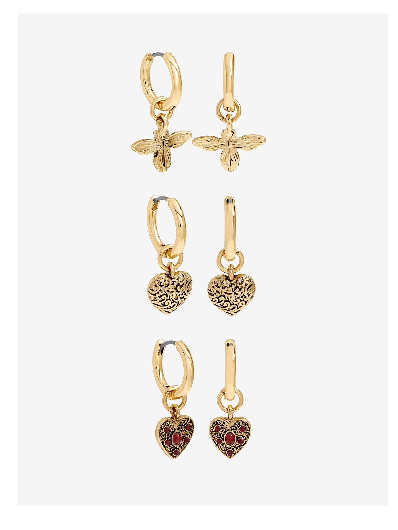  image of mood-antique-gold-amp-red-resin-heart-huggie-earrings-pack-of-3