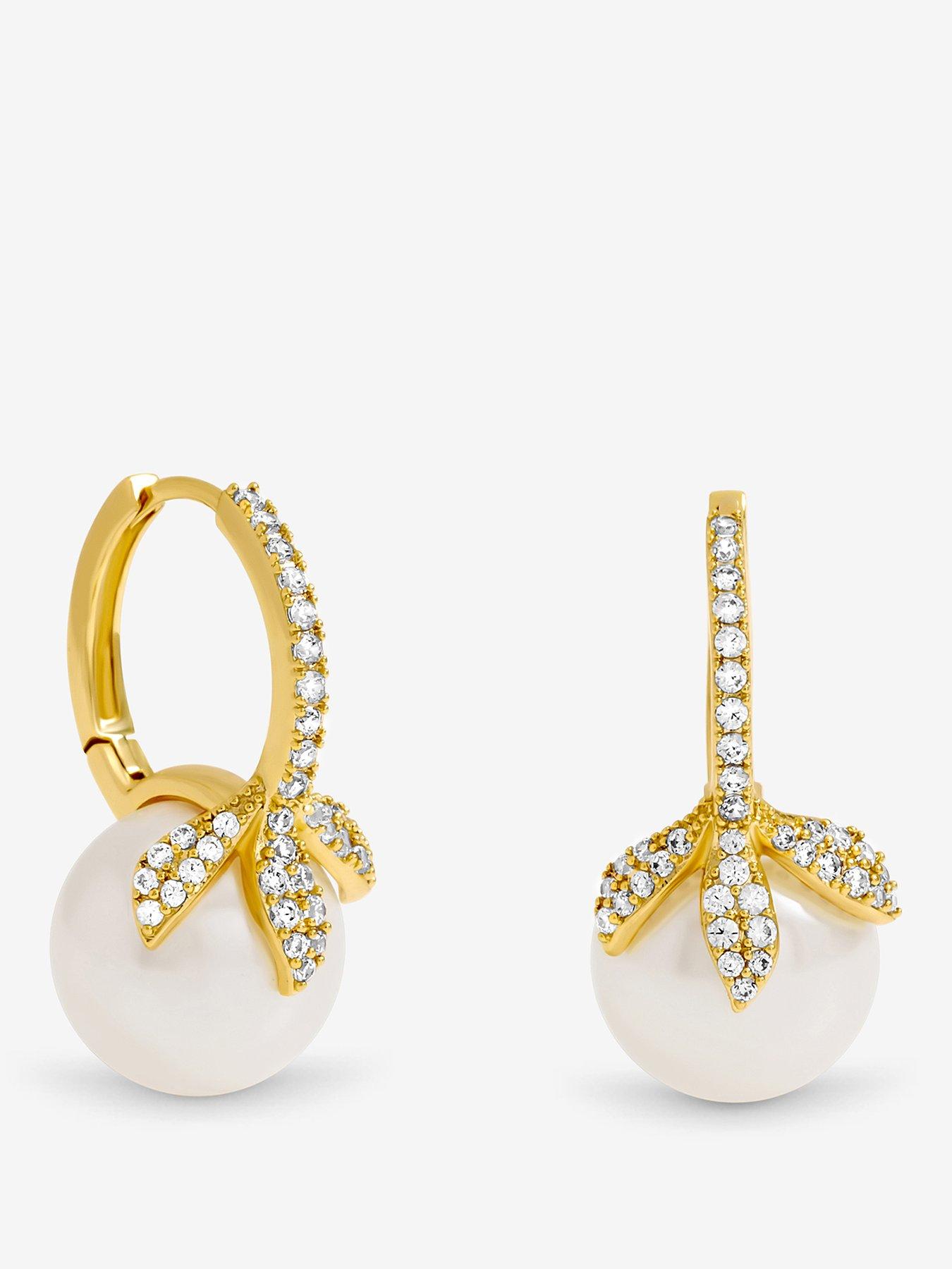 undefined Gold Plated Crystal Leaf and Pearl Earrings
