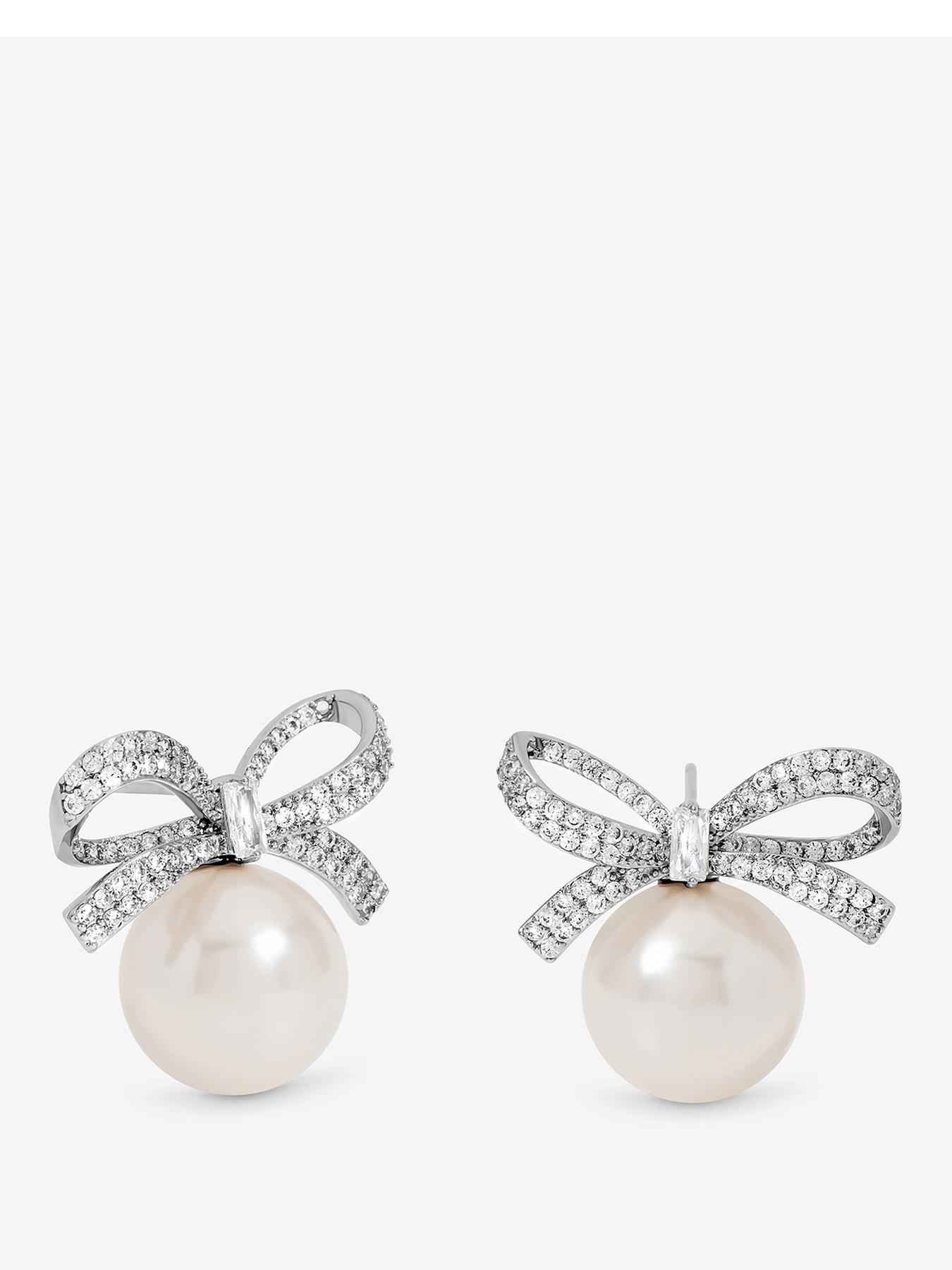 undefined Rhodium Plated Crystal Bow and Pearl Earrings