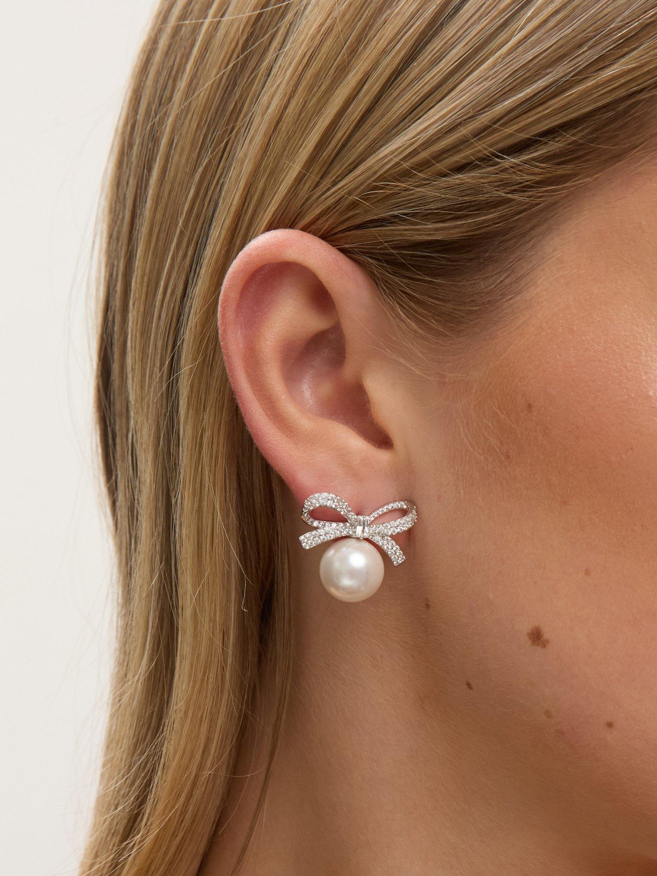 Image 3 of 4 of Jon Richard Rhodium Plated Crystal Bow and Pearl Earrings