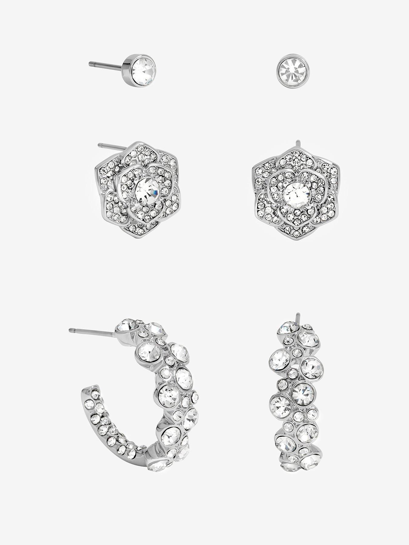 undefined SILVER FLORAL CRYSTAL STUD & HOOP EARRINGS - PACK OF 3