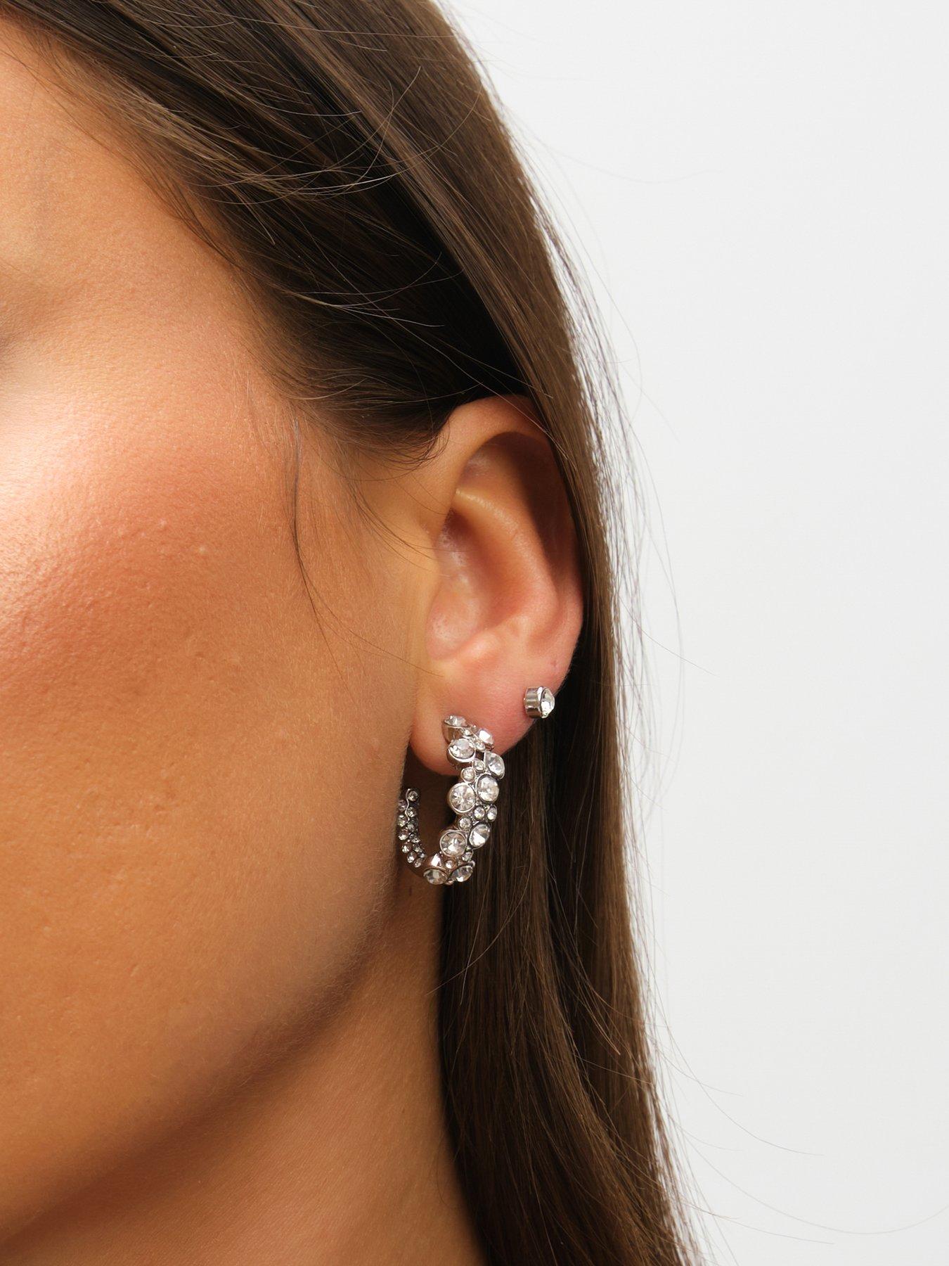 Image 2 of 7 of Mood Silver Floral Crystal Stud &amp; Hoop Earrings - Pack Of 3
