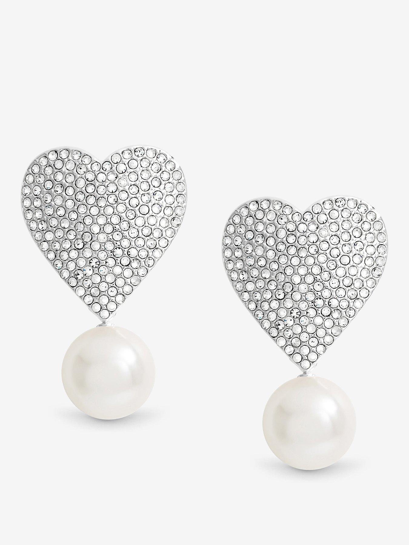 undefined SILVER CRYSTAL HEART WITH PEARL DROP STATEMENT EARRINGS