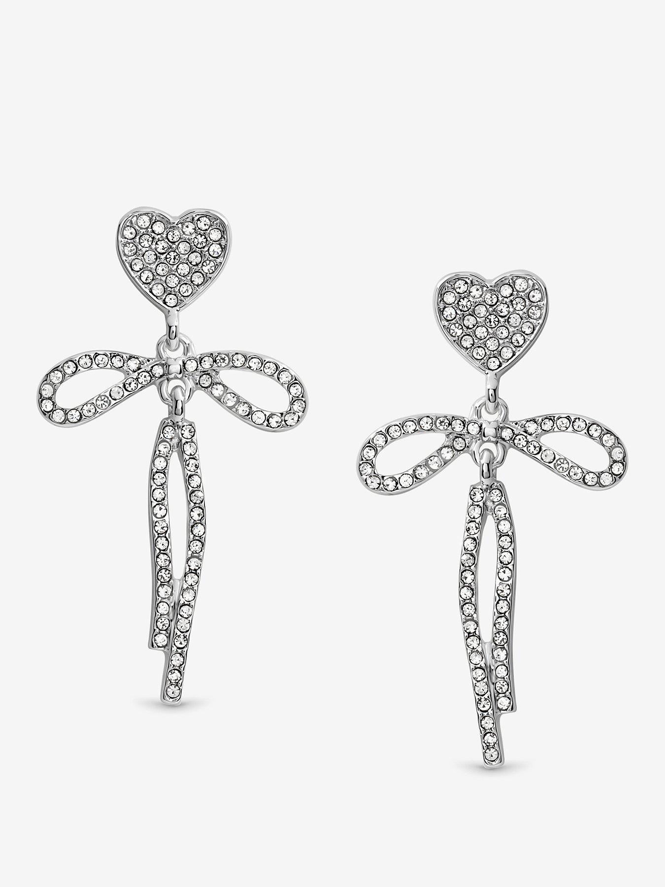 undefined Silver Crystal Dainty Heart & Bow Drop Earrings