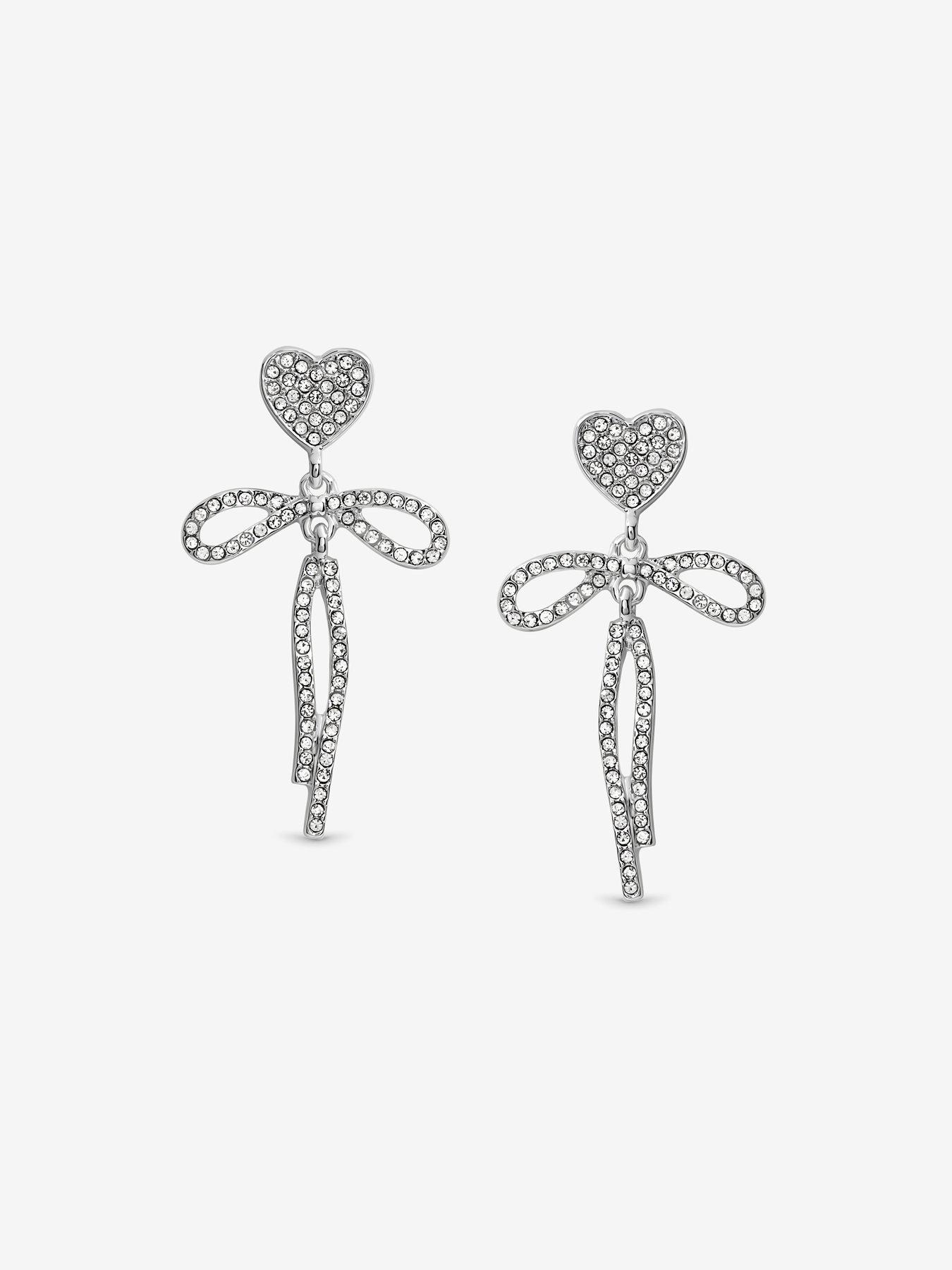 Image 2 of 7 of Mood Silver Crystal Dainty Heart &amp; Bow Drop Earrings - Silver