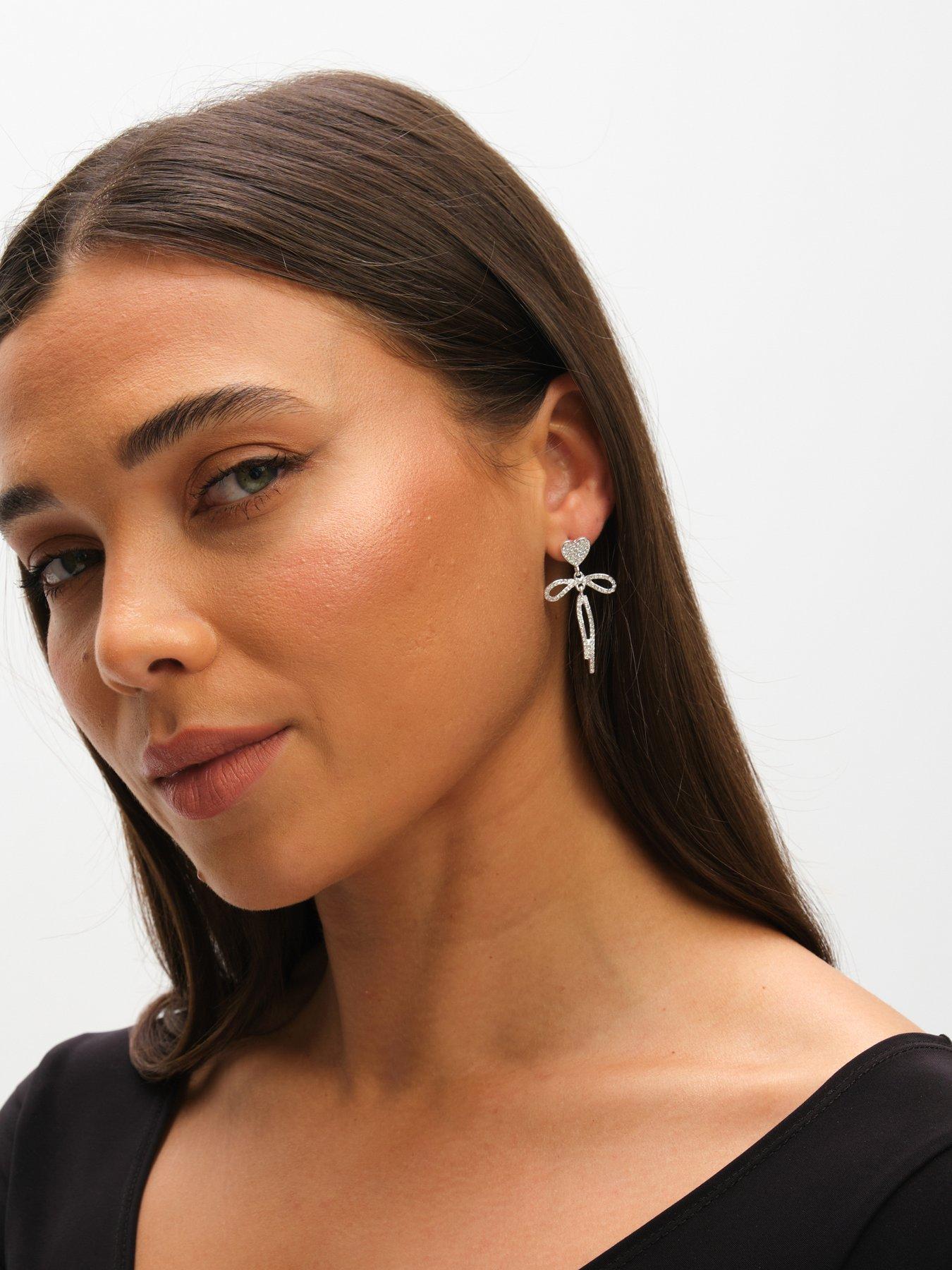 Image 4 of 7 of Mood Silver Crystal Dainty Heart &amp; Bow Drop Earrings - Silver