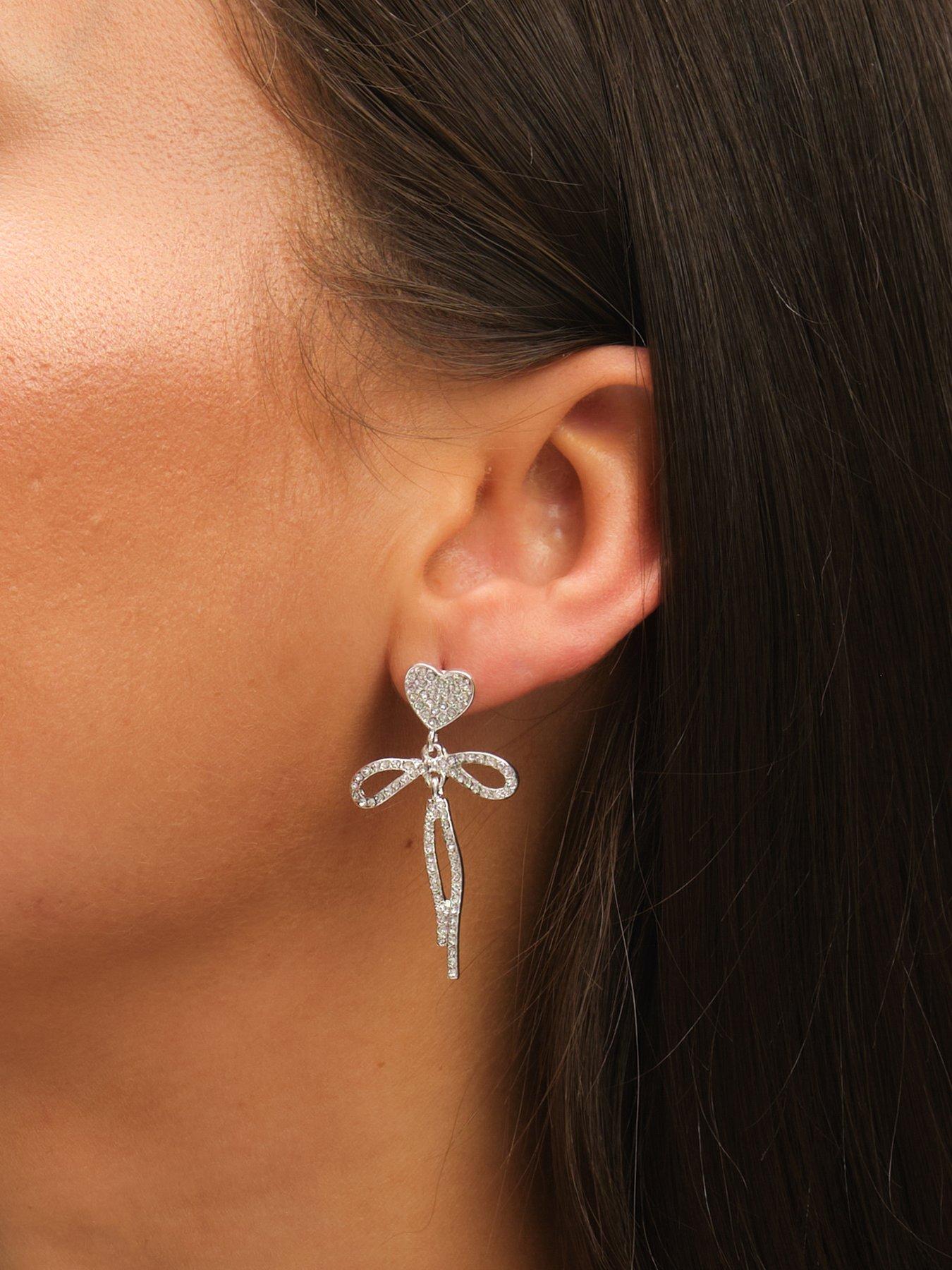 Image 5 of 7 of Mood Silver Crystal Dainty Heart &amp; Bow Drop Earrings - Silver
