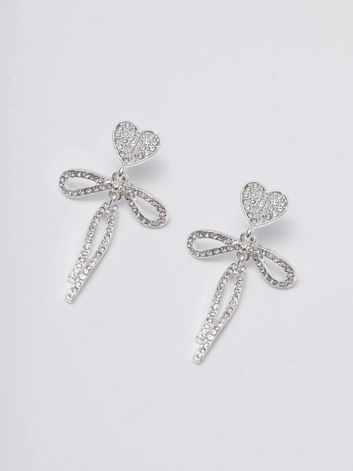 Image 7 of 7 of Mood Silver Crystal Dainty Heart &amp; Bow Drop Earrings - Silver