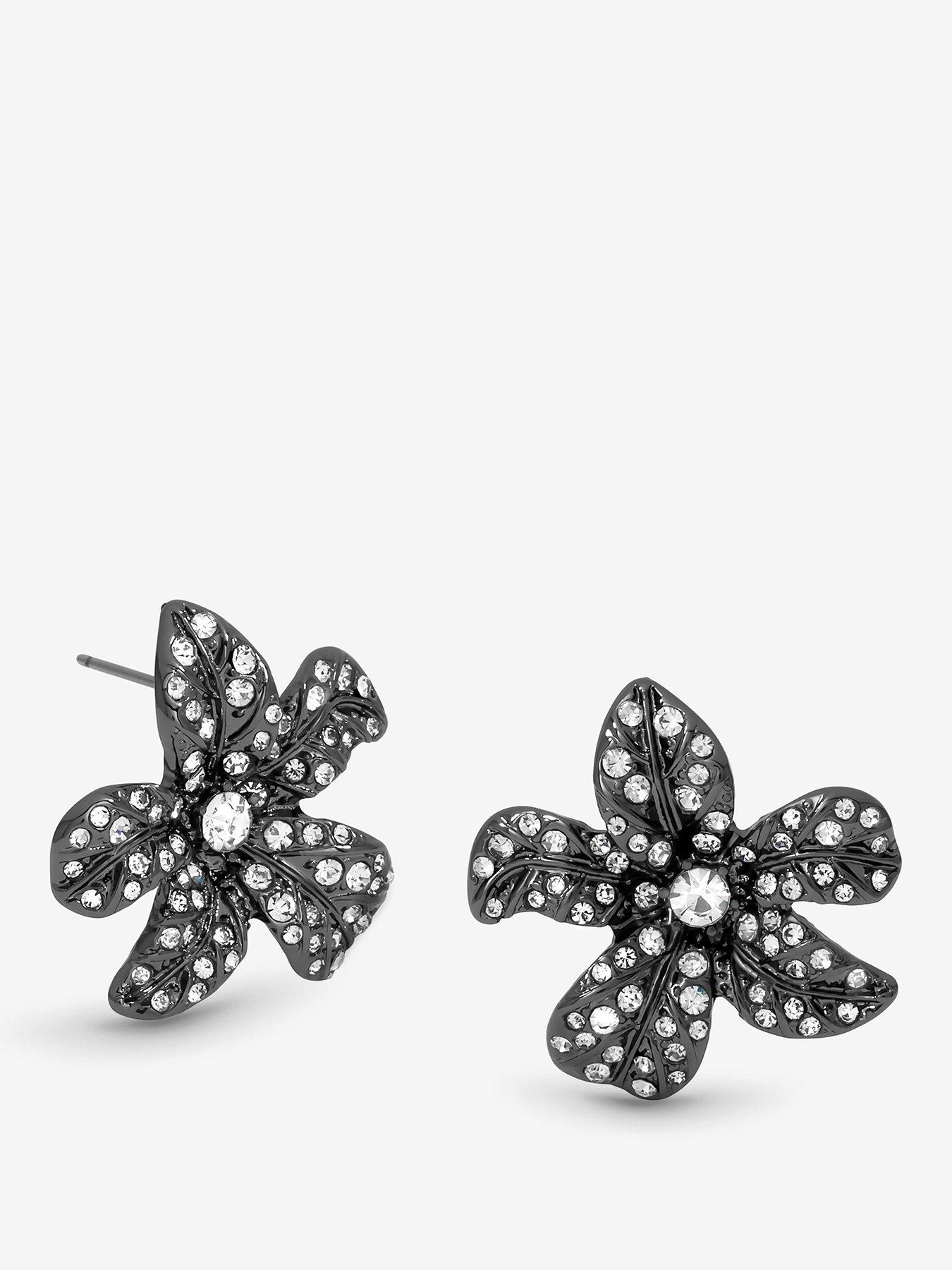 undefined HEMATITE CRYSTAL FLORAL STATEMENT STUD EARRINGS