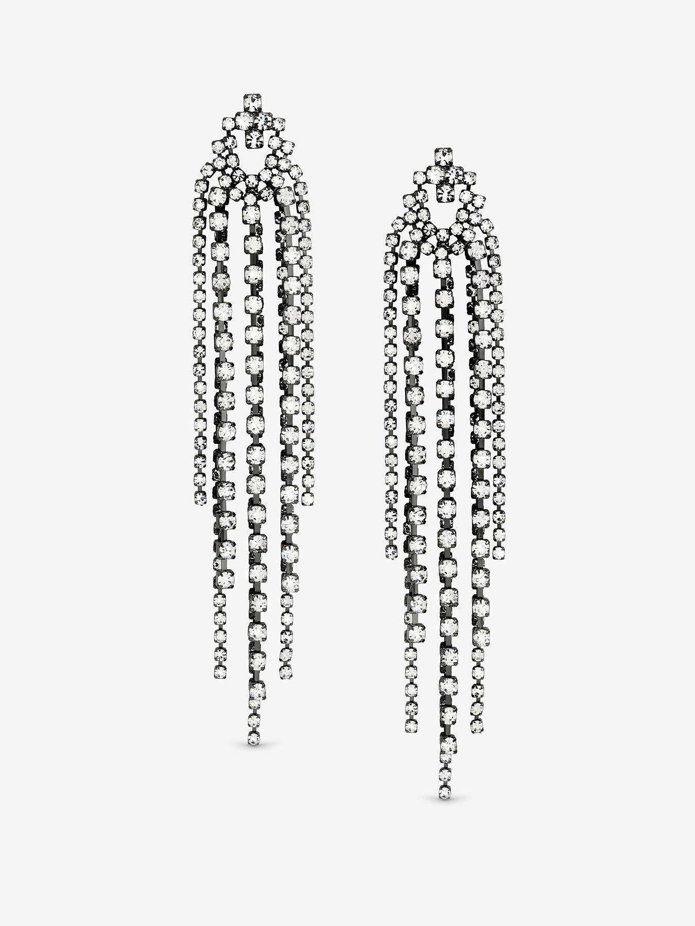 undefined HEMATITE CRYSTAL MULTI STRAND LONG STATEMENT DROP EARRINGS